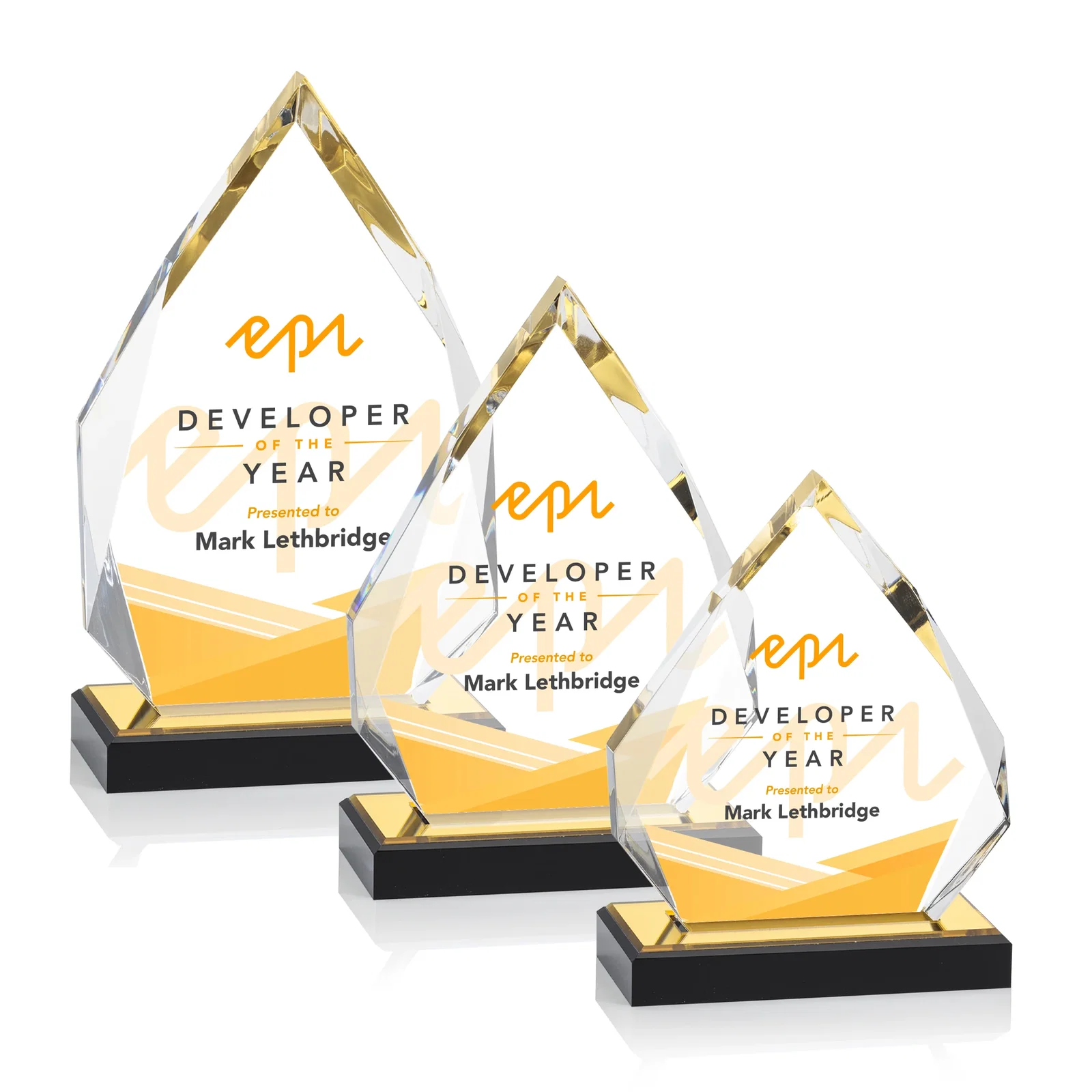 Personalized Faceted Acrylic Award with Blue Reflective Peak on Ebony Base for retirement presentations