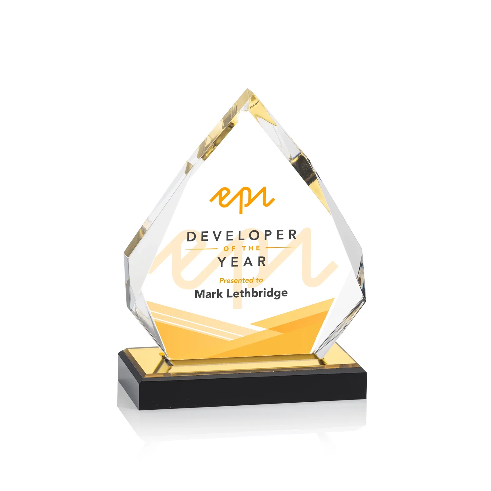 Personalized Faceted Acrylic Award with Blue Reflective Peak on Ebony Base for team milestone celebrations