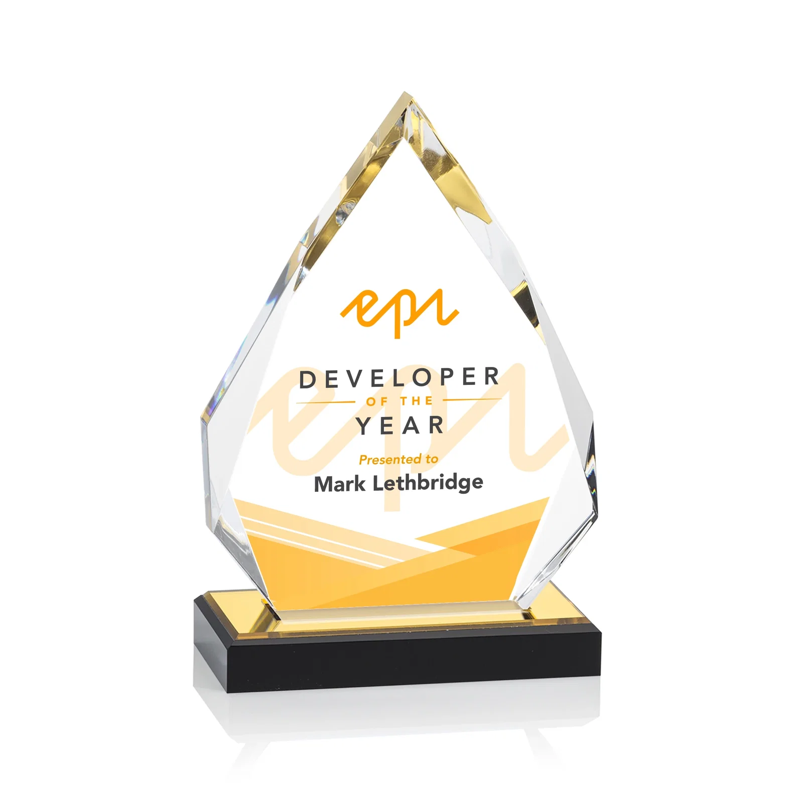 Personalized Faceted Acrylic Award with Blue Reflective Peak on Ebony Base for donor appreciation