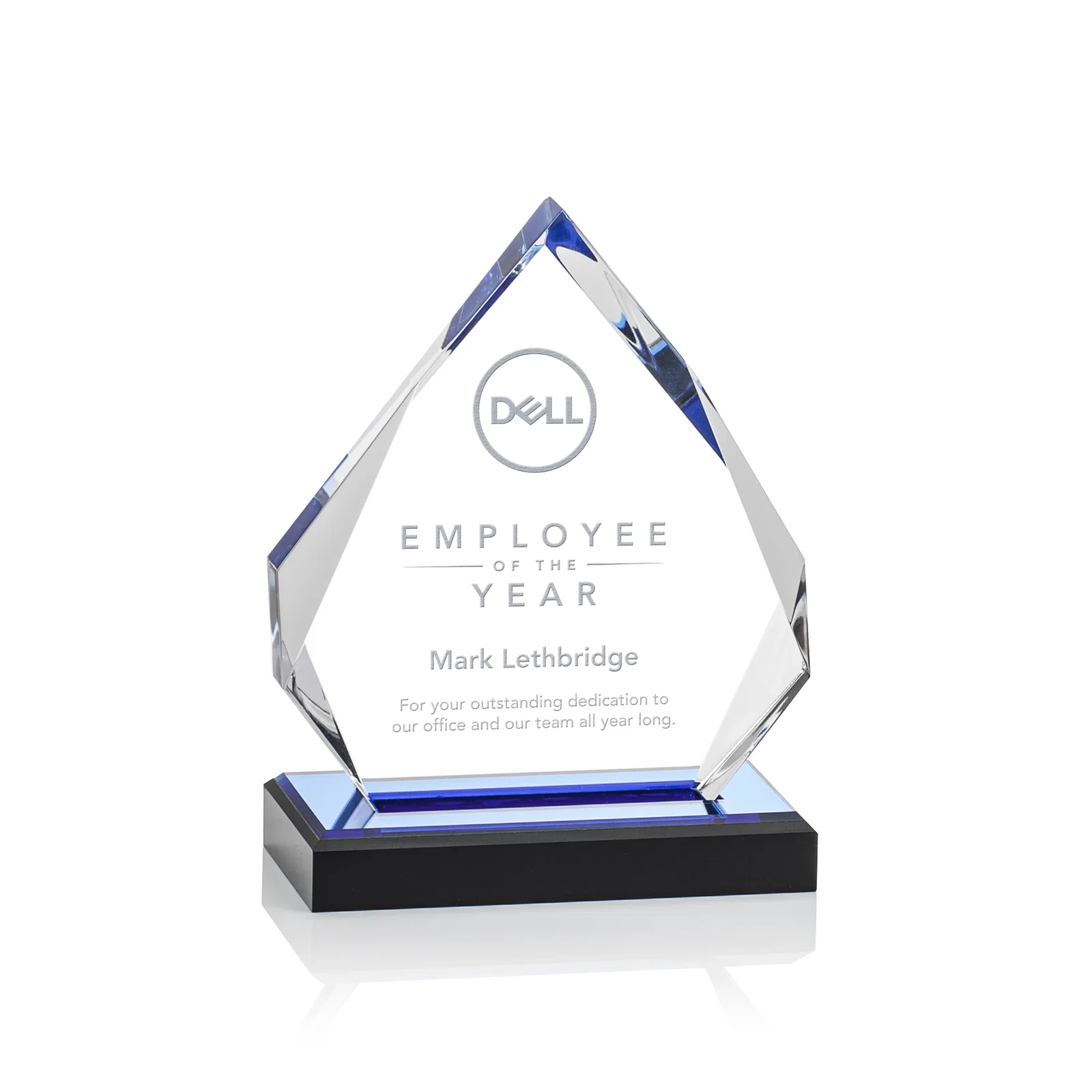 Custom Faceted Acrylic Award with Blue Reflective Peak on Ebony Base for corporate award ceremonies
