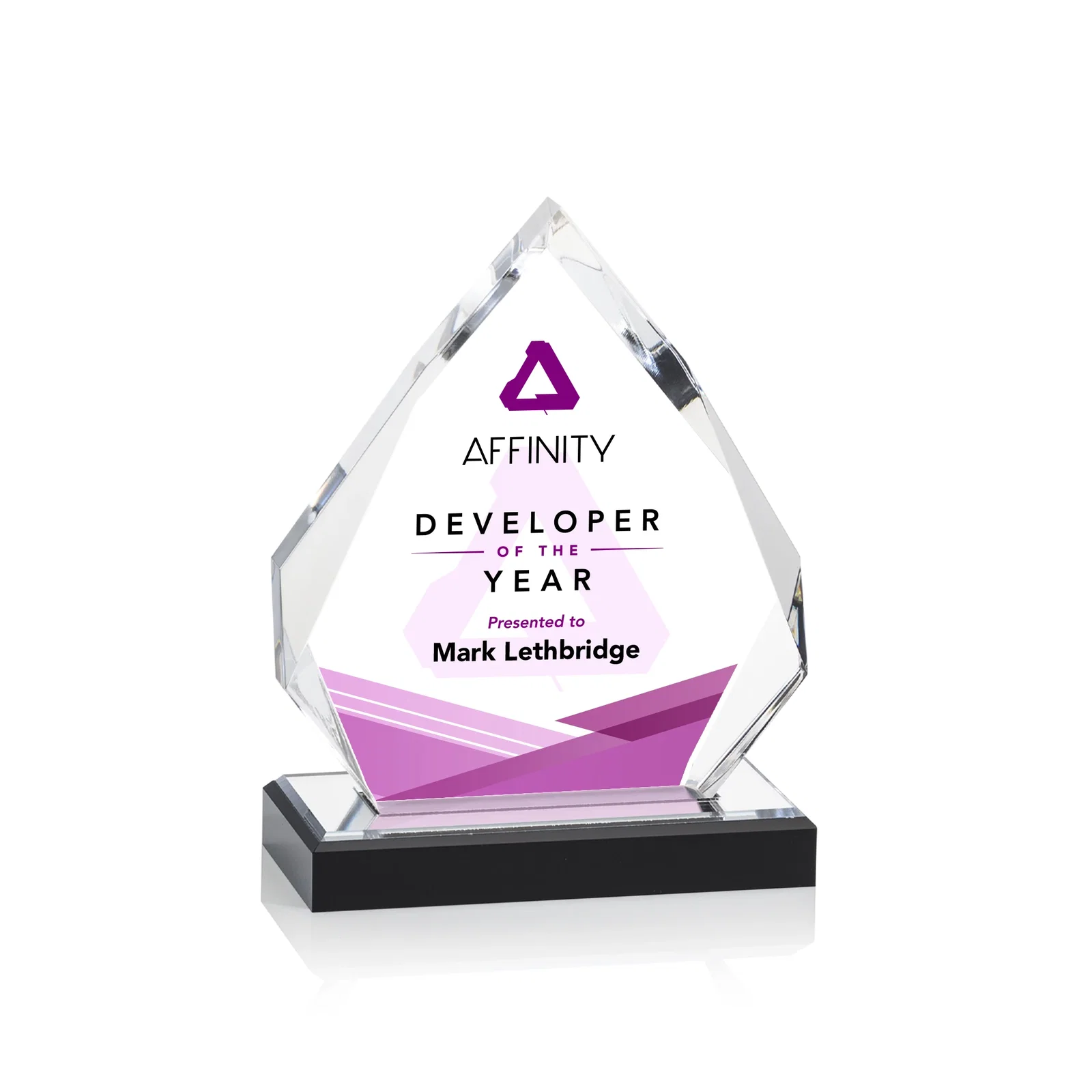 Personalized Faceted Acrylic Award with Blue Reflective Peak on Ebony Base for volunteer appreciation