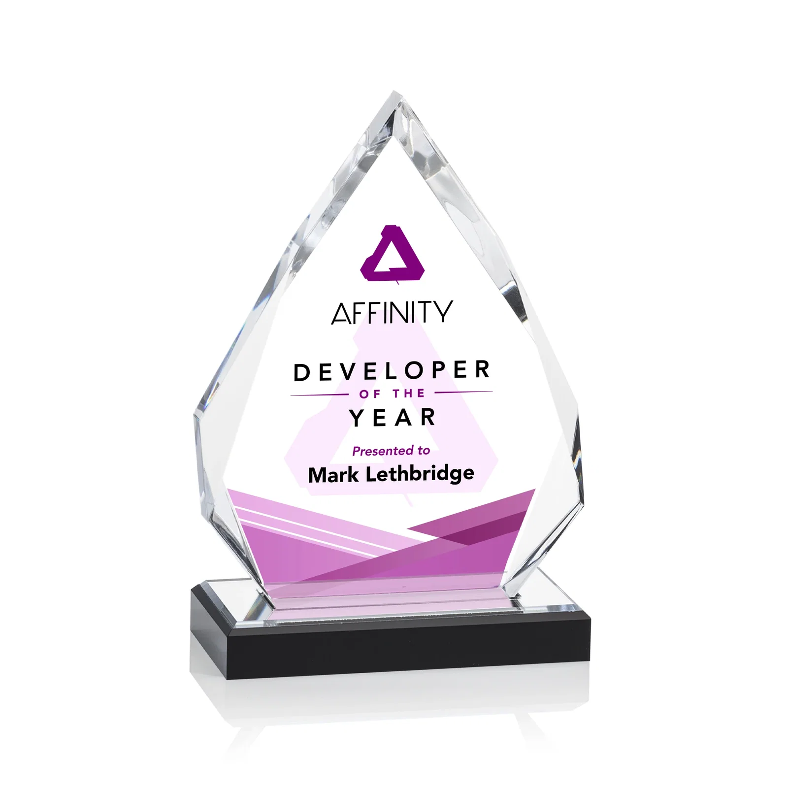 Personalized Faceted Acrylic Award with Blue Reflective Peak on Ebony Base for dealer and partner awards