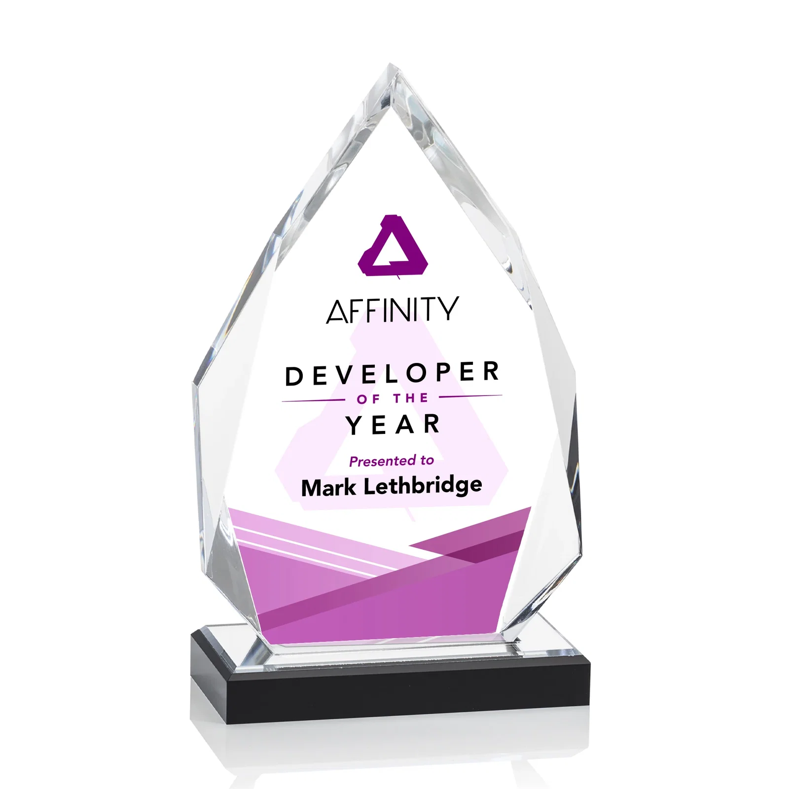 Personalized Faceted Acrylic Award with Blue Reflective Peak on Ebony Base for company anniversary events
