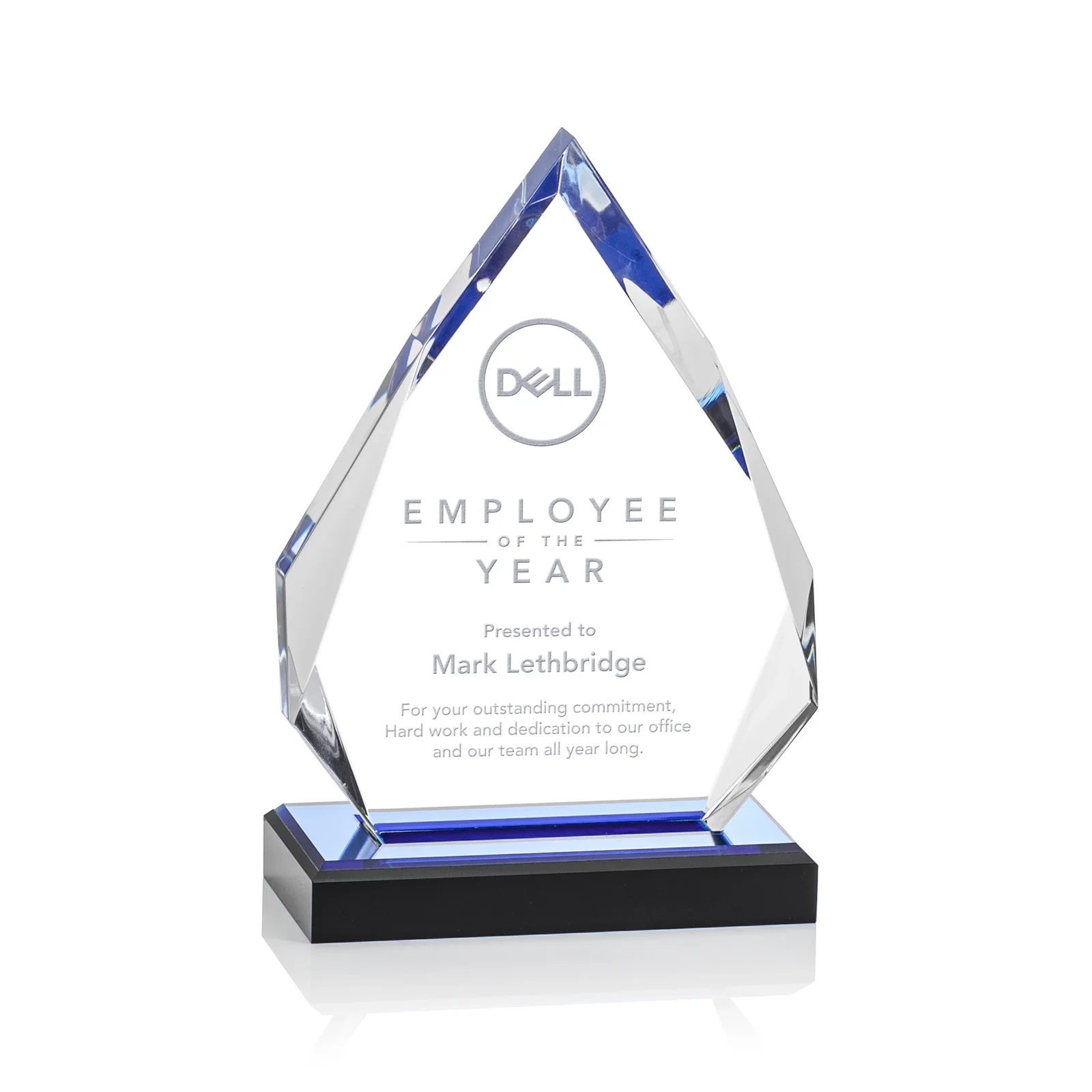 Custom Faceted Acrylic Award with Blue Reflective Peak on Ebony Base for service anniversary gifts