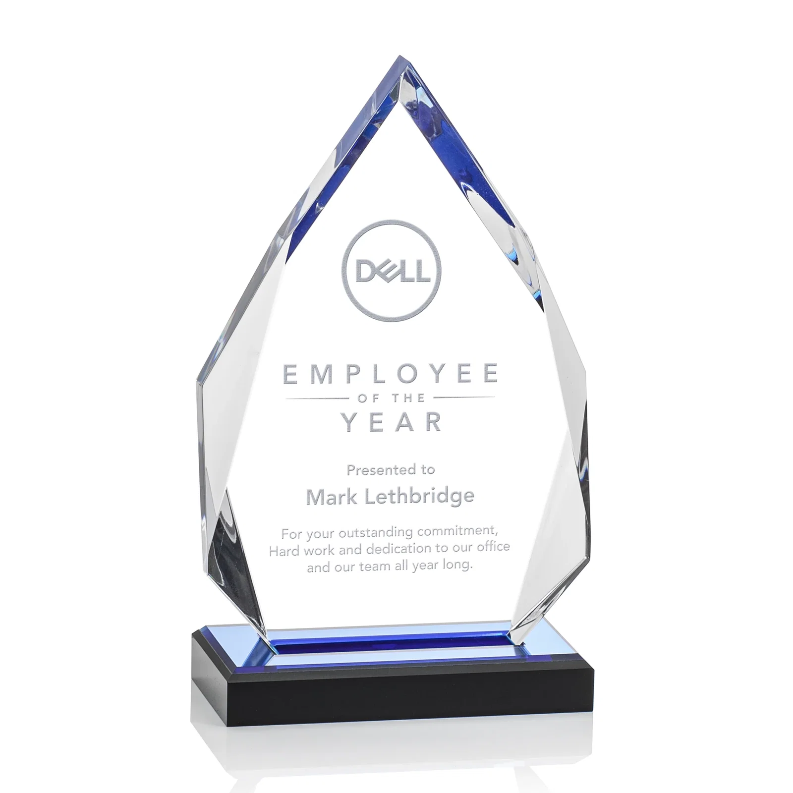Custom Faceted Acrylic Award with Blue Reflective Peak on Ebony Base for sales achievement awards