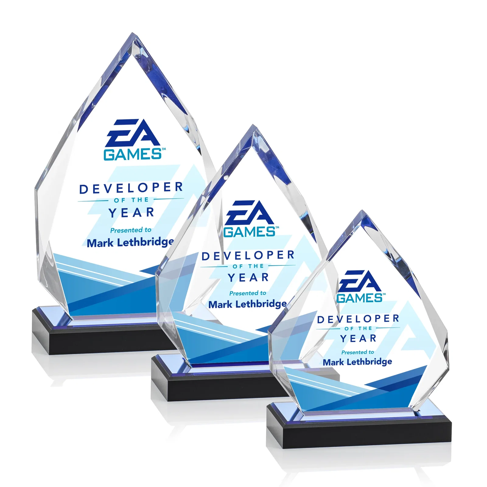 Custom Faceted Acrylic Award with Blue Reflective Peak on Ebony Base for retirement presentations