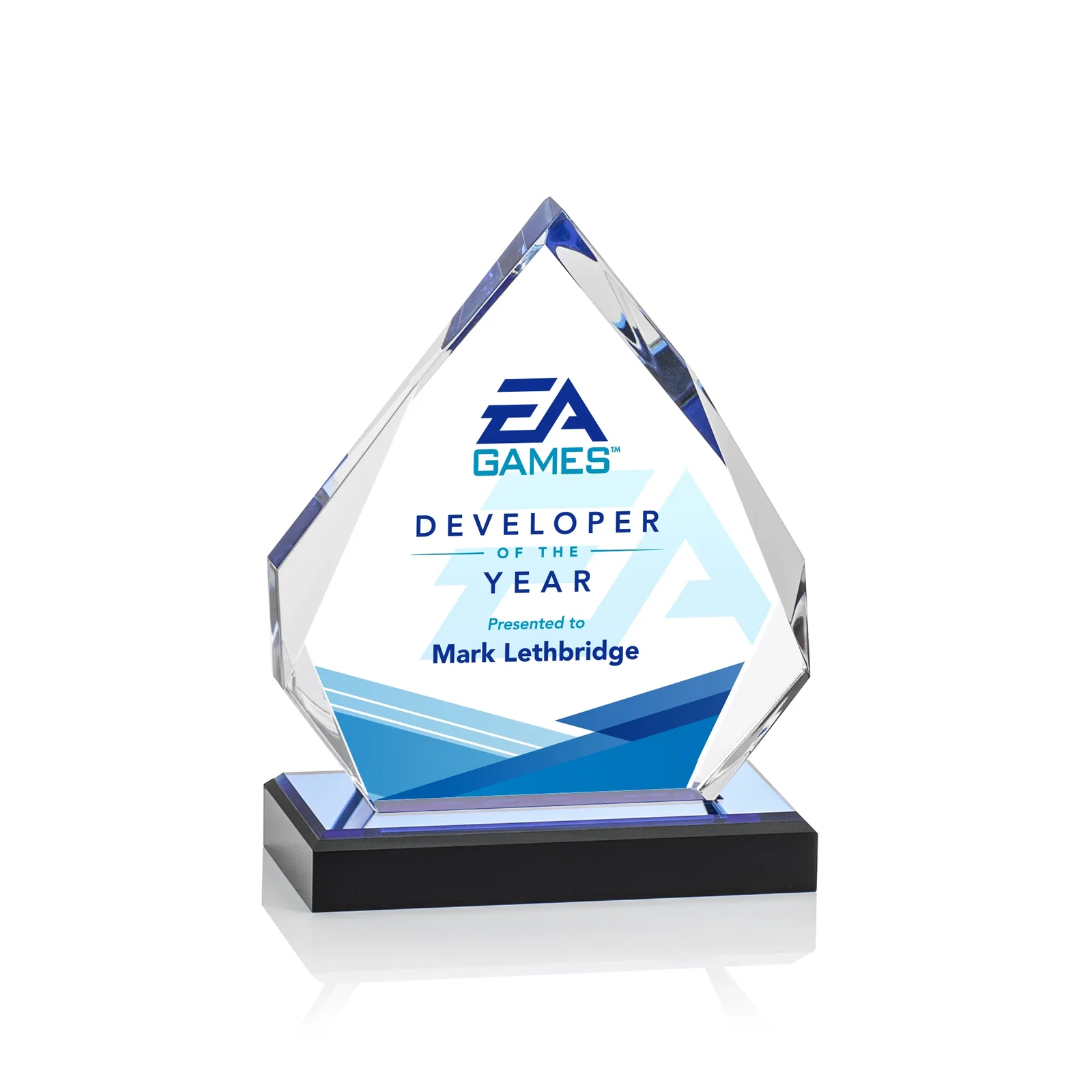 Custom Faceted Acrylic Award with Blue Reflective Peak on Ebony Base for team milestone celebrations
