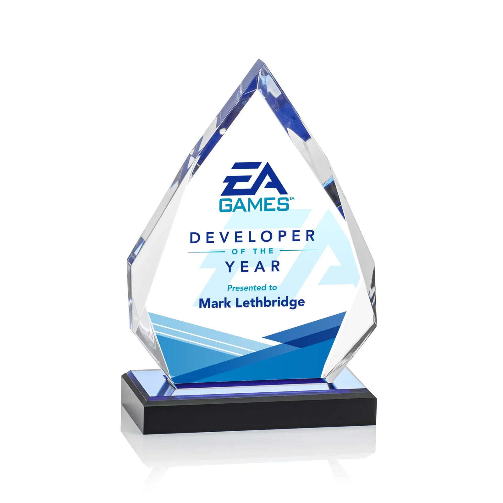 Custom Faceted Acrylic Award with Blue Reflective Peak on Ebony Base for donor appreciation