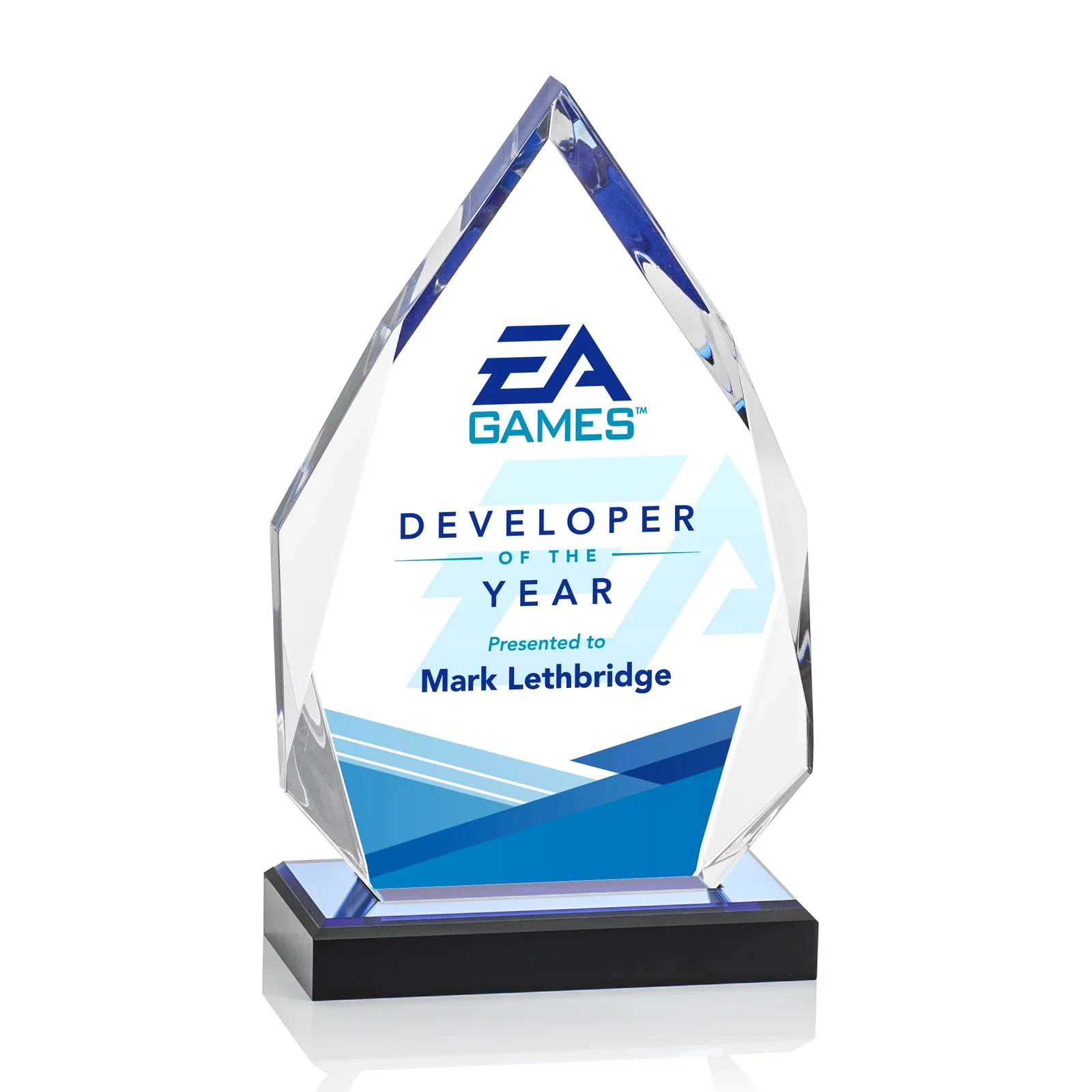 Custom Faceted Acrylic Award with Blue Reflective Peak on Ebony Base for graduation ceremonies