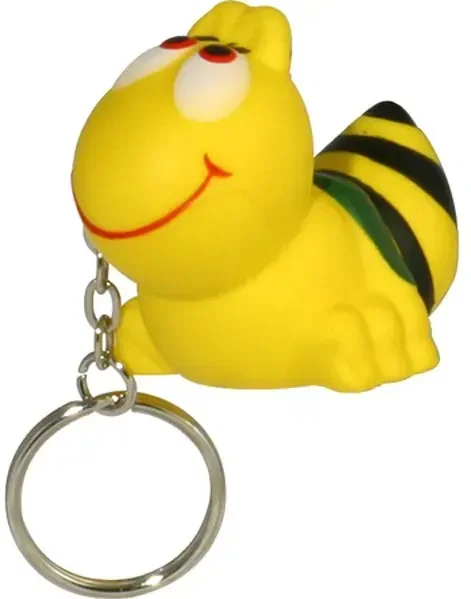 Bee-shaped stress reliever keychain with custom logo, promotional branded squeeze toy clipped to keys