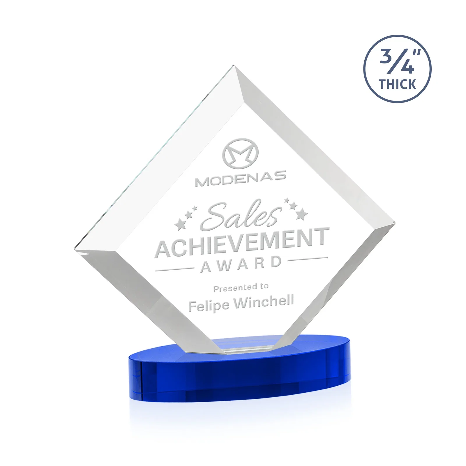 Custom Mitered-Edge Starfire Crystal Diamond Award on an Oval Base, awards for volunteer appreciation
