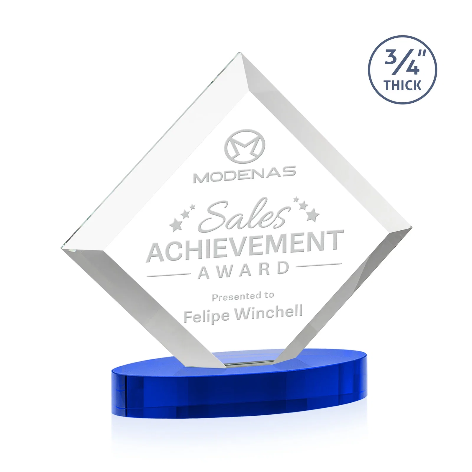 Custom Mitered-Edge Starfire Crystal Diamond Award on an Oval Base, awards for dealer and partner awards