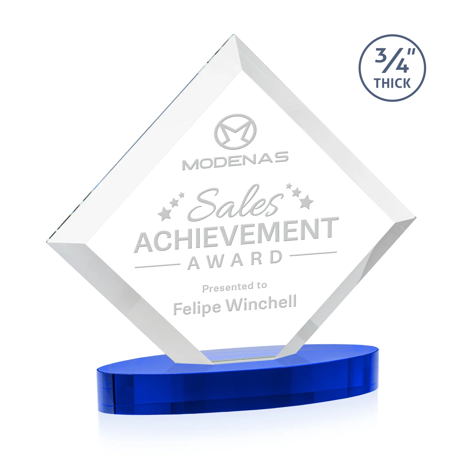 Custom Mitered-Edge Starfire Crystal Diamond Award on an Oval Base, awards for company anniversary events