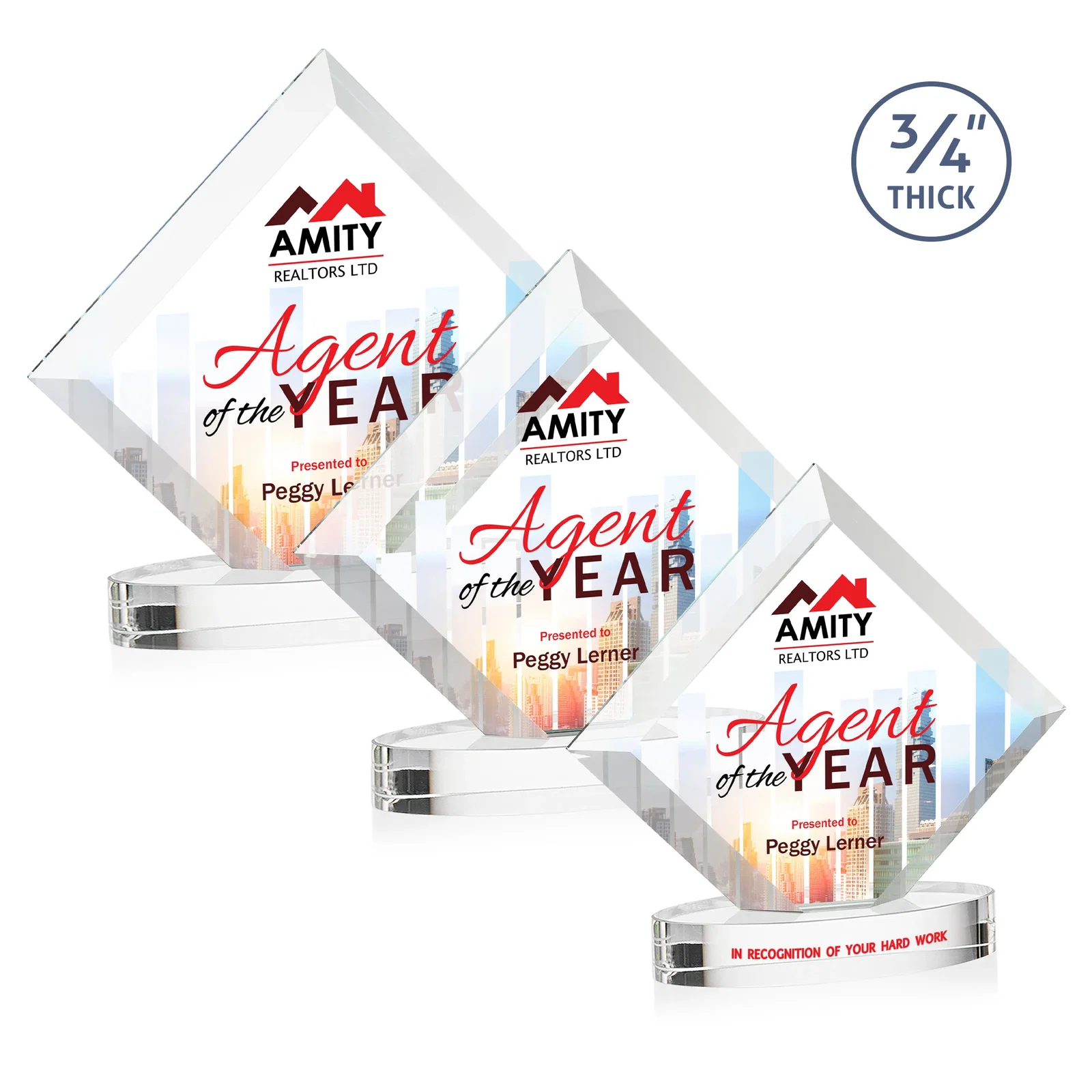 Personalized Mitered-Edge Starfire Crystal Diamond Award on an Oval Base, awards for employee recognition