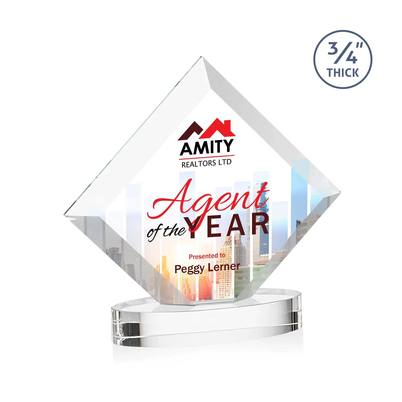 Personalized Mitered-Edge Starfire Crystal Diamond Award on an Oval Base, awards for corporate award ceremonies