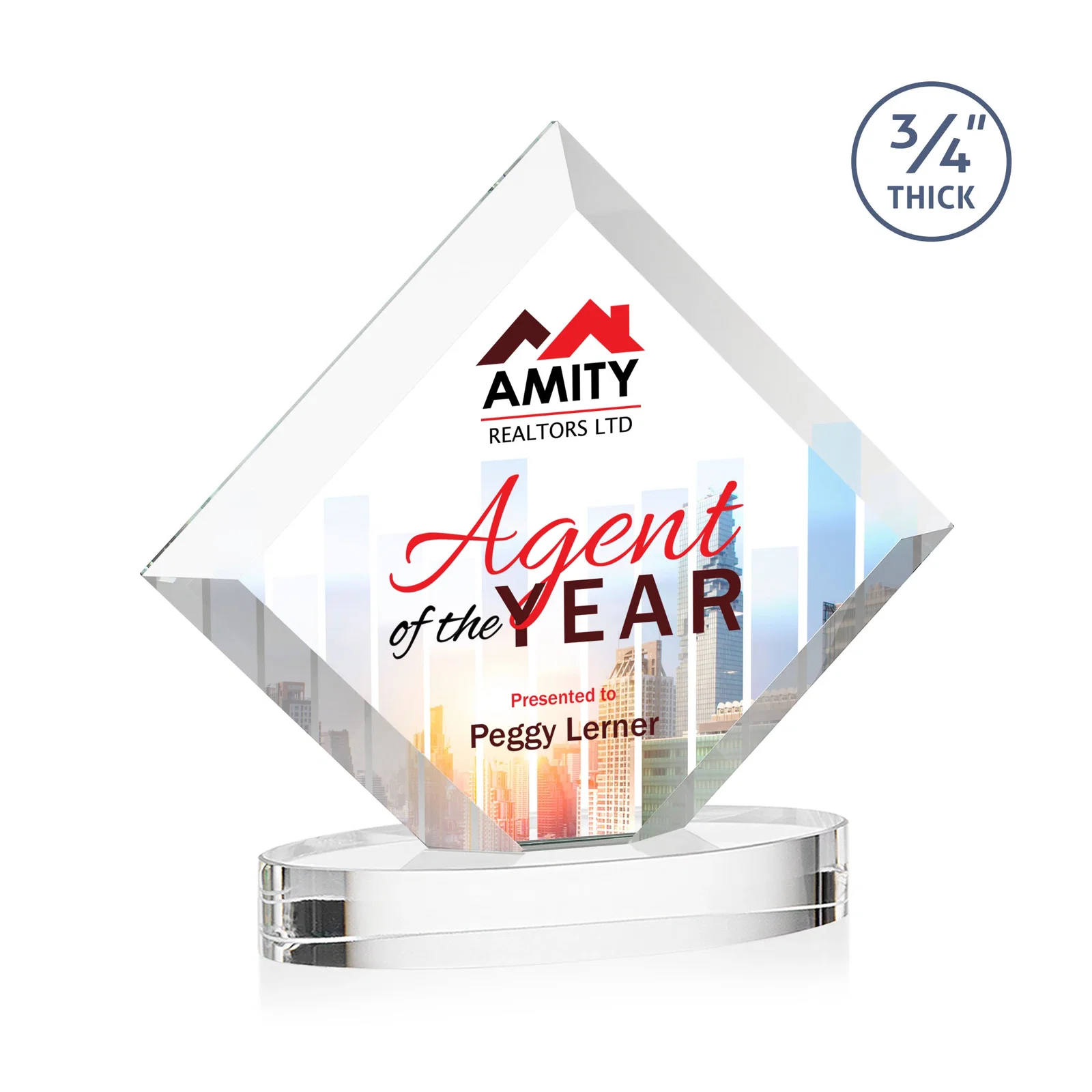 Personalized Mitered-Edge Starfire Crystal Diamond Award on an Oval Base, awards for service anniversary gifts