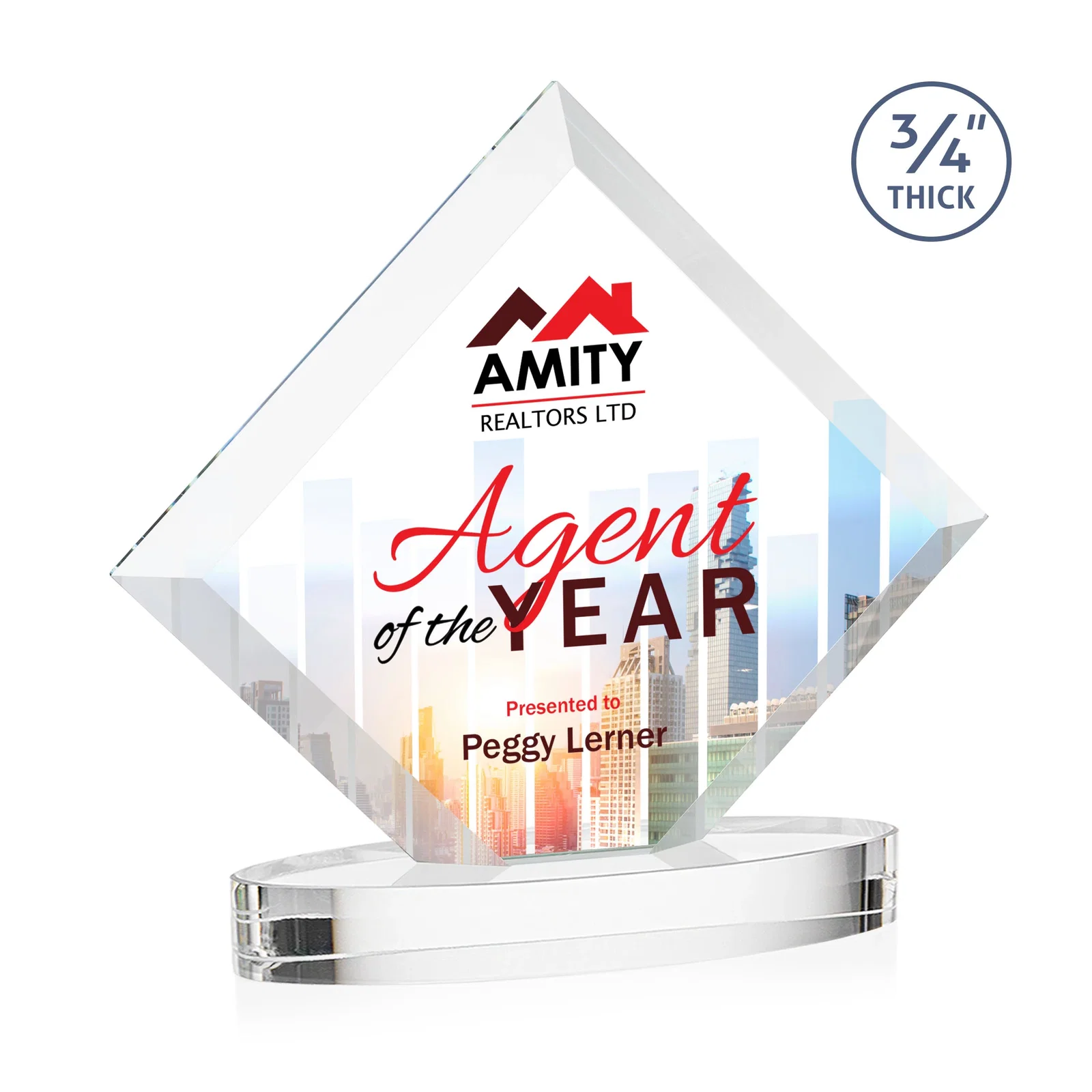 Personalized Mitered-Edge Starfire Crystal Diamond Award on an Oval Base, awards for sales achievement awards