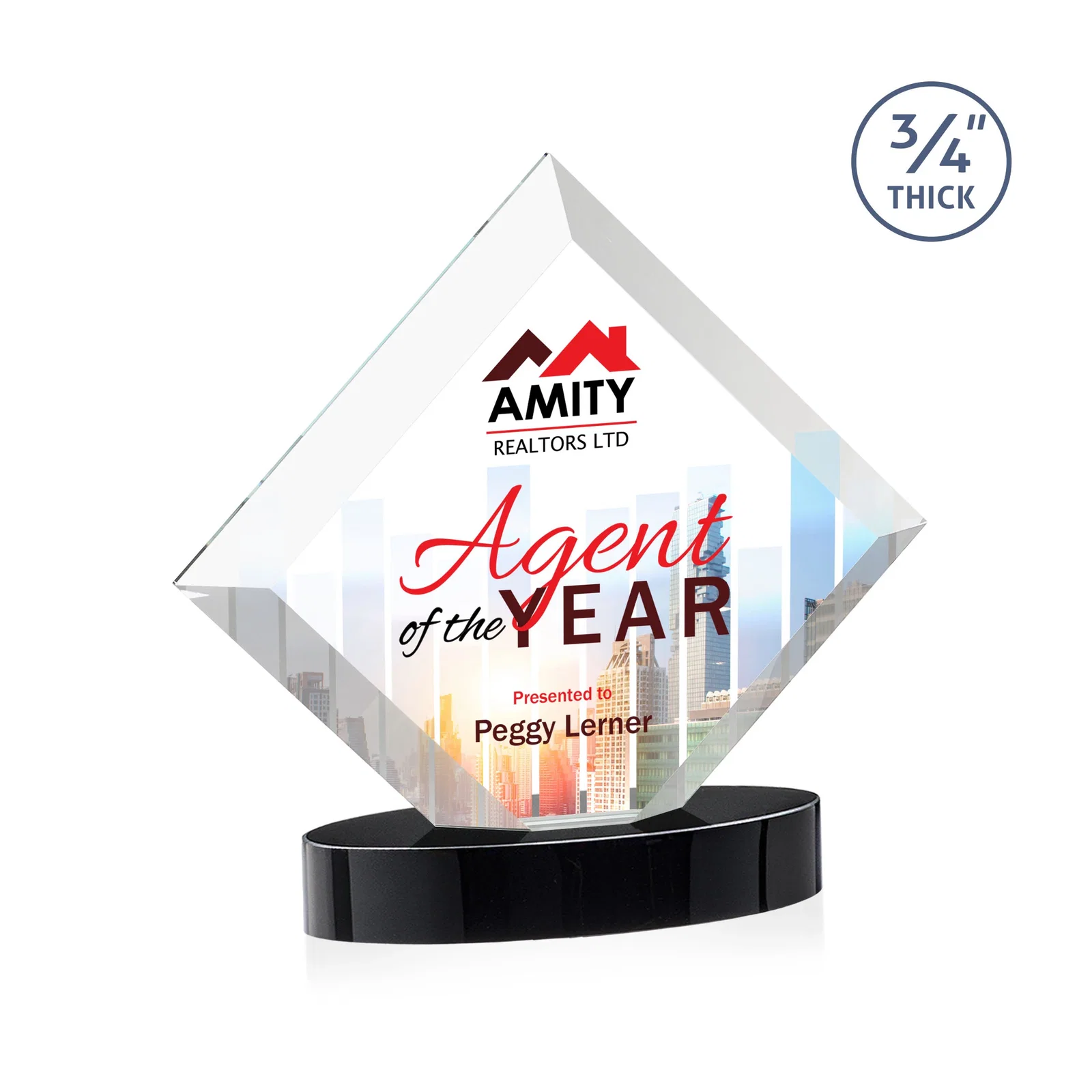 Personalized Mitered-Edge Starfire Crystal Diamond Award on an Oval Base, awards for team milestone celebrations
