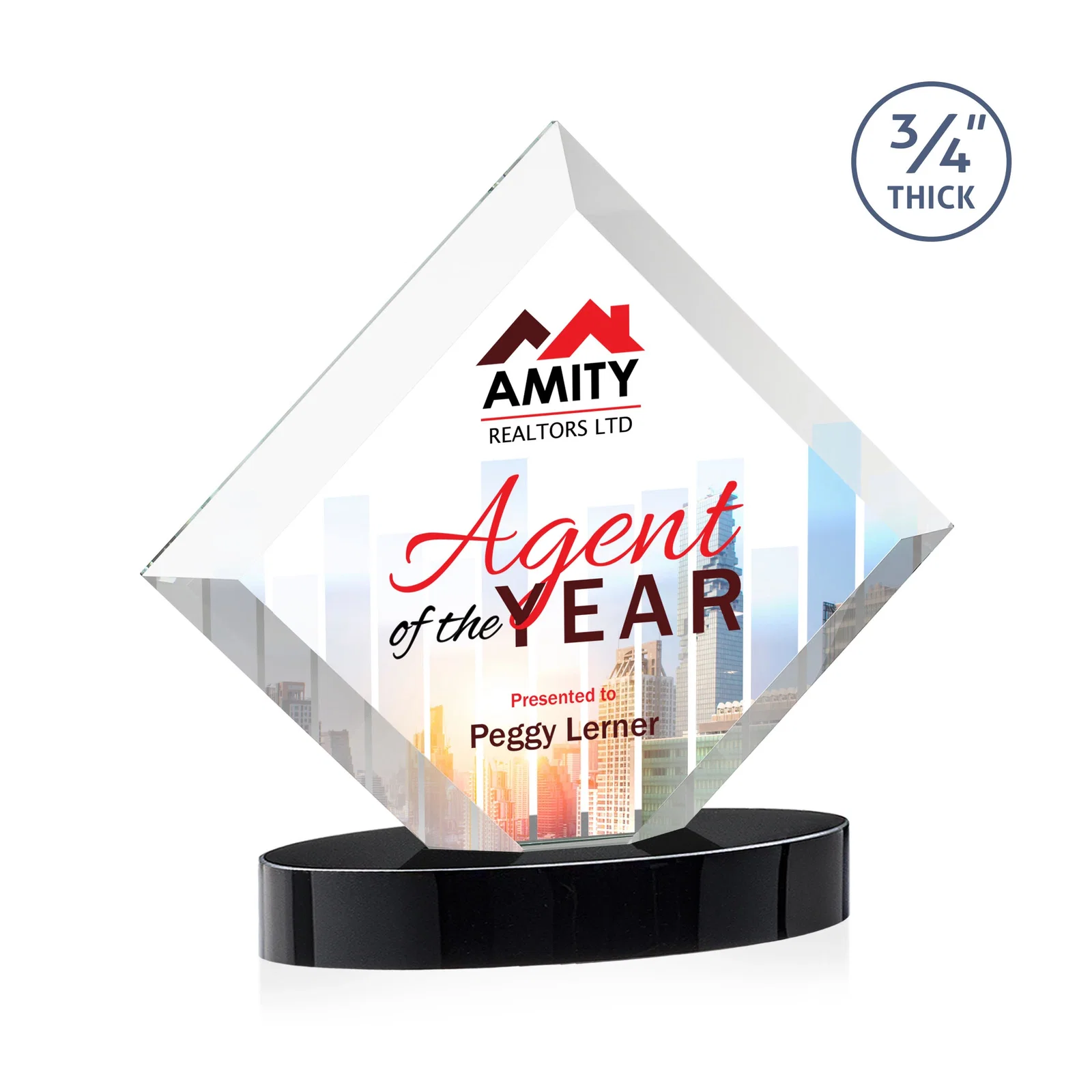 Personalized Mitered-Edge Starfire Crystal Diamond Award on an Oval Base, awards for donor appreciation