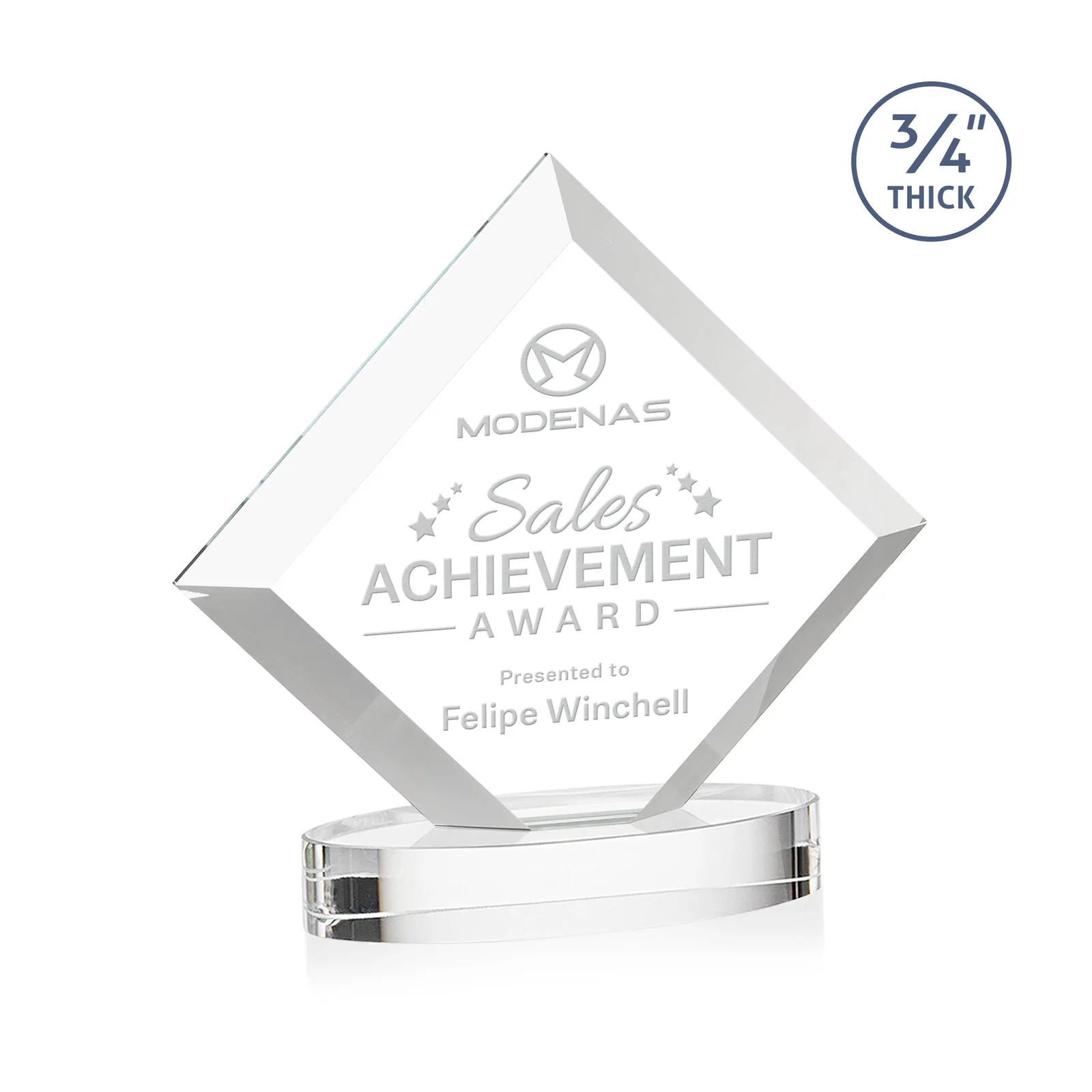 Custom Mitered-Edge Starfire Crystal Diamond Award on an Oval Base, awards for corporate award ceremonies