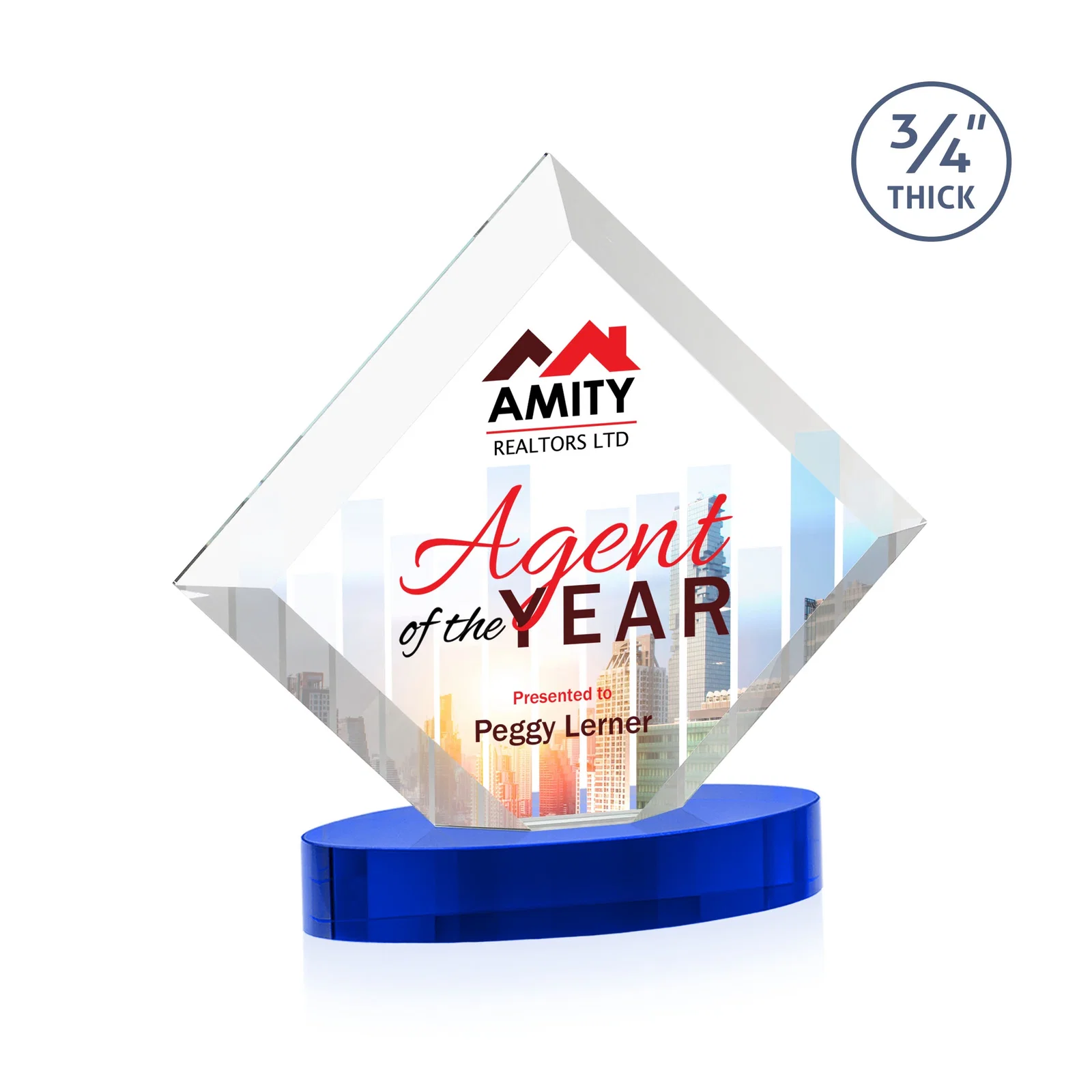 Personalized Mitered-Edge Starfire Crystal Diamond Award on an Oval Base, awards for volunteer appreciation