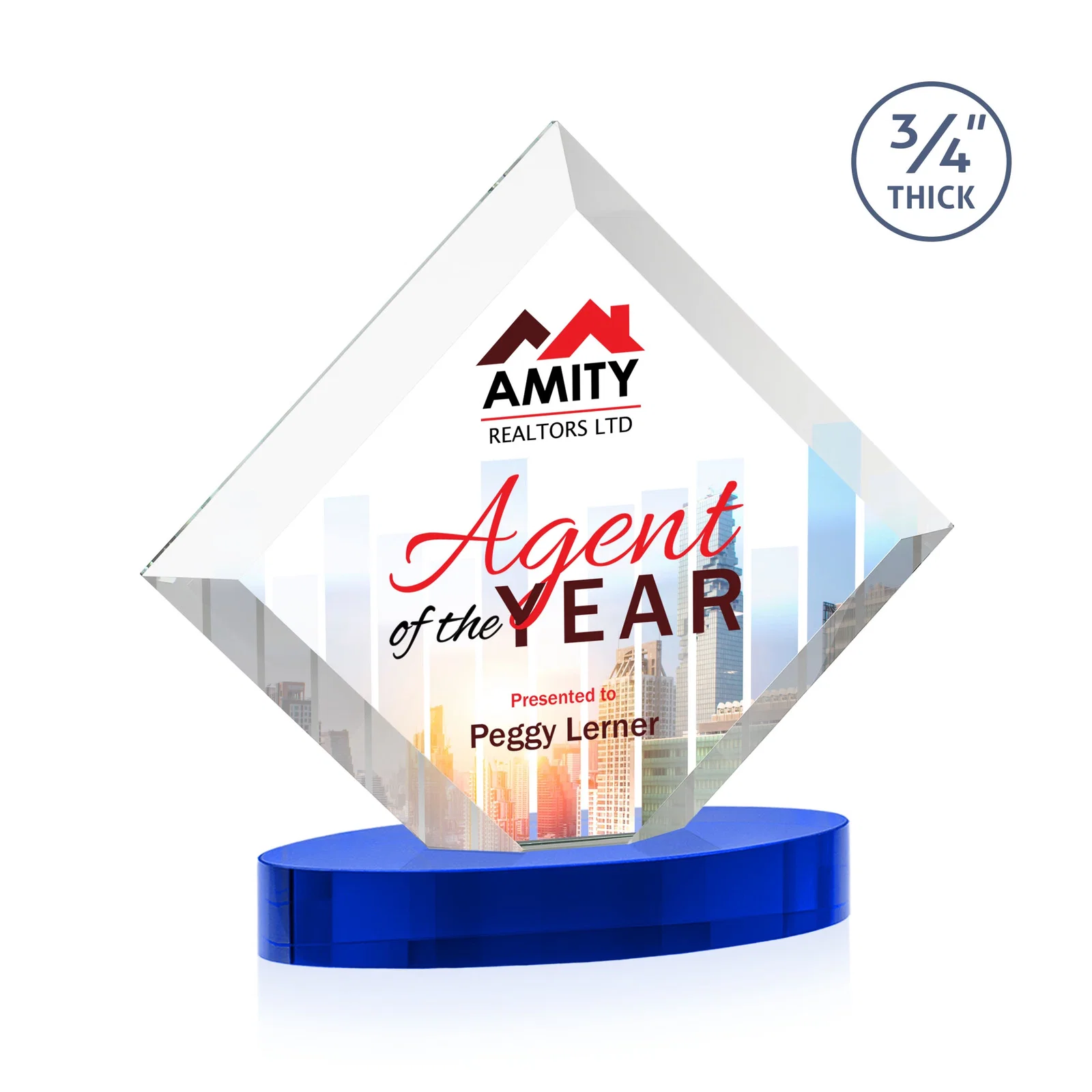 Personalized Mitered-Edge Starfire Crystal Diamond Award on an Oval Base, awards for dealer and partner awards