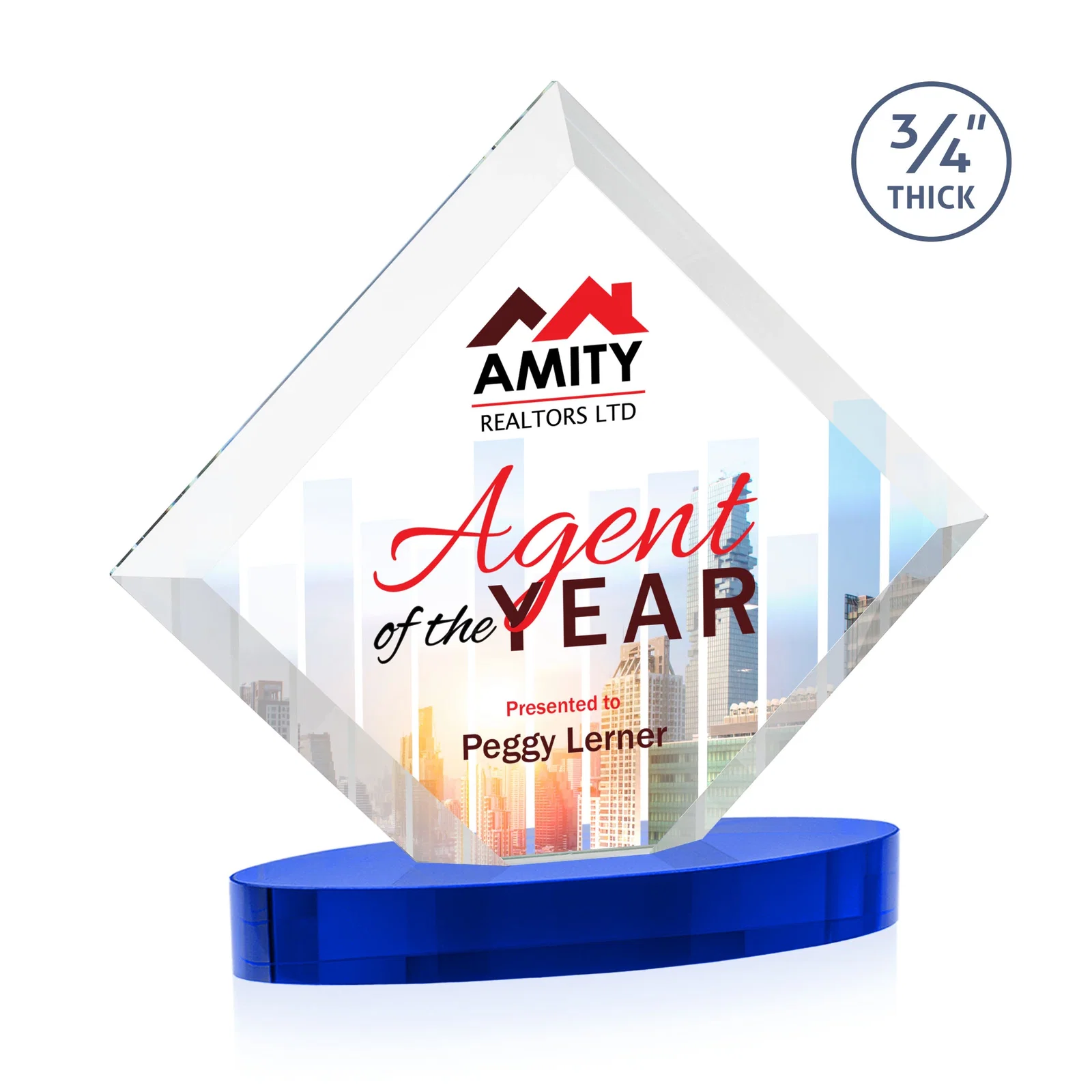 Personalized Mitered-Edge Starfire Crystal Diamond Award on an Oval Base, awards for company anniversary events