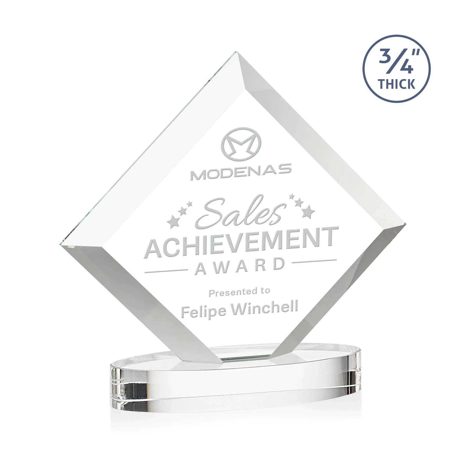 Custom Mitered-Edge Starfire Crystal Diamond Award on an Oval Base, awards for service anniversary gifts