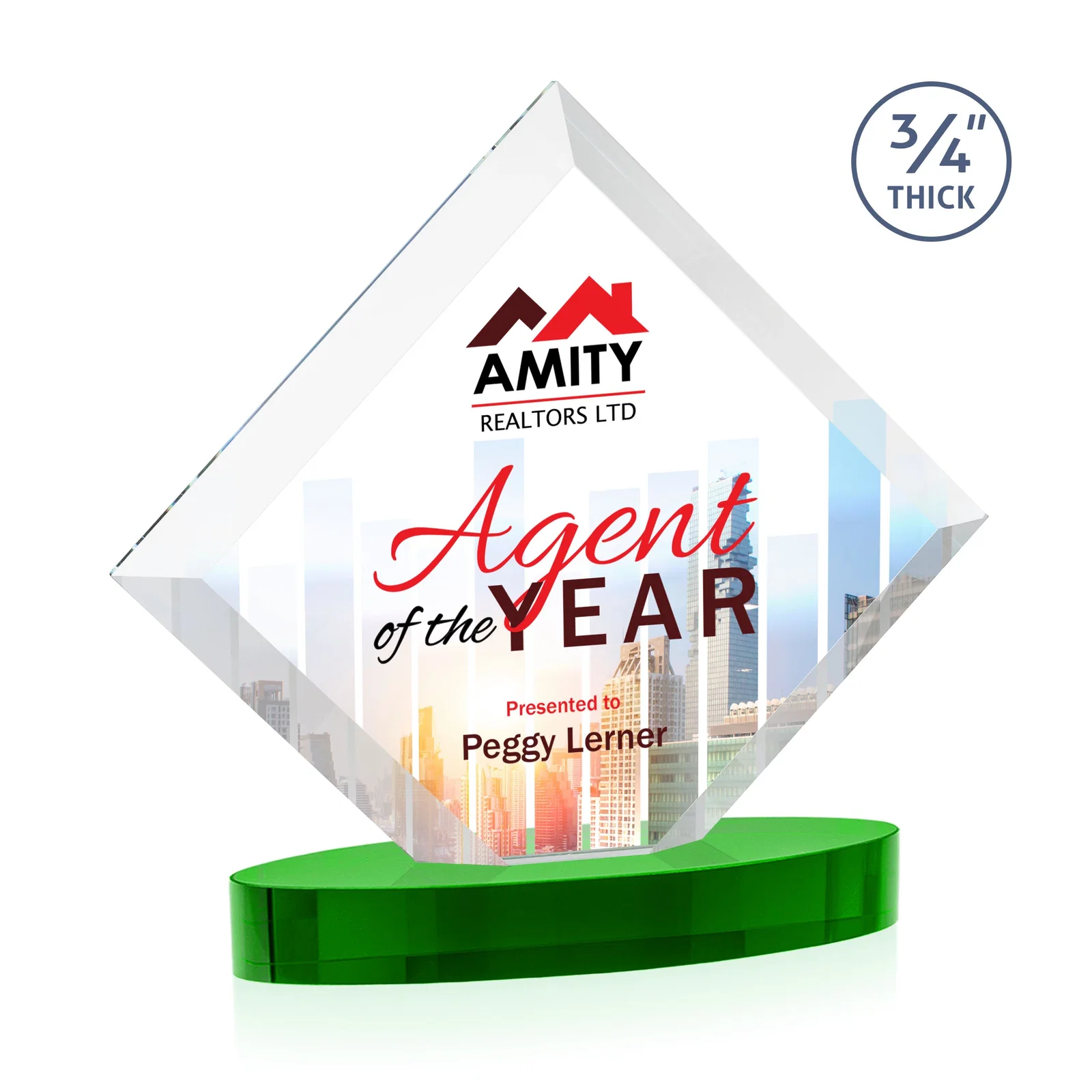 Promotional Mitered-Edge Starfire Crystal Diamond Award on an Oval Base, awards for company anniversary events