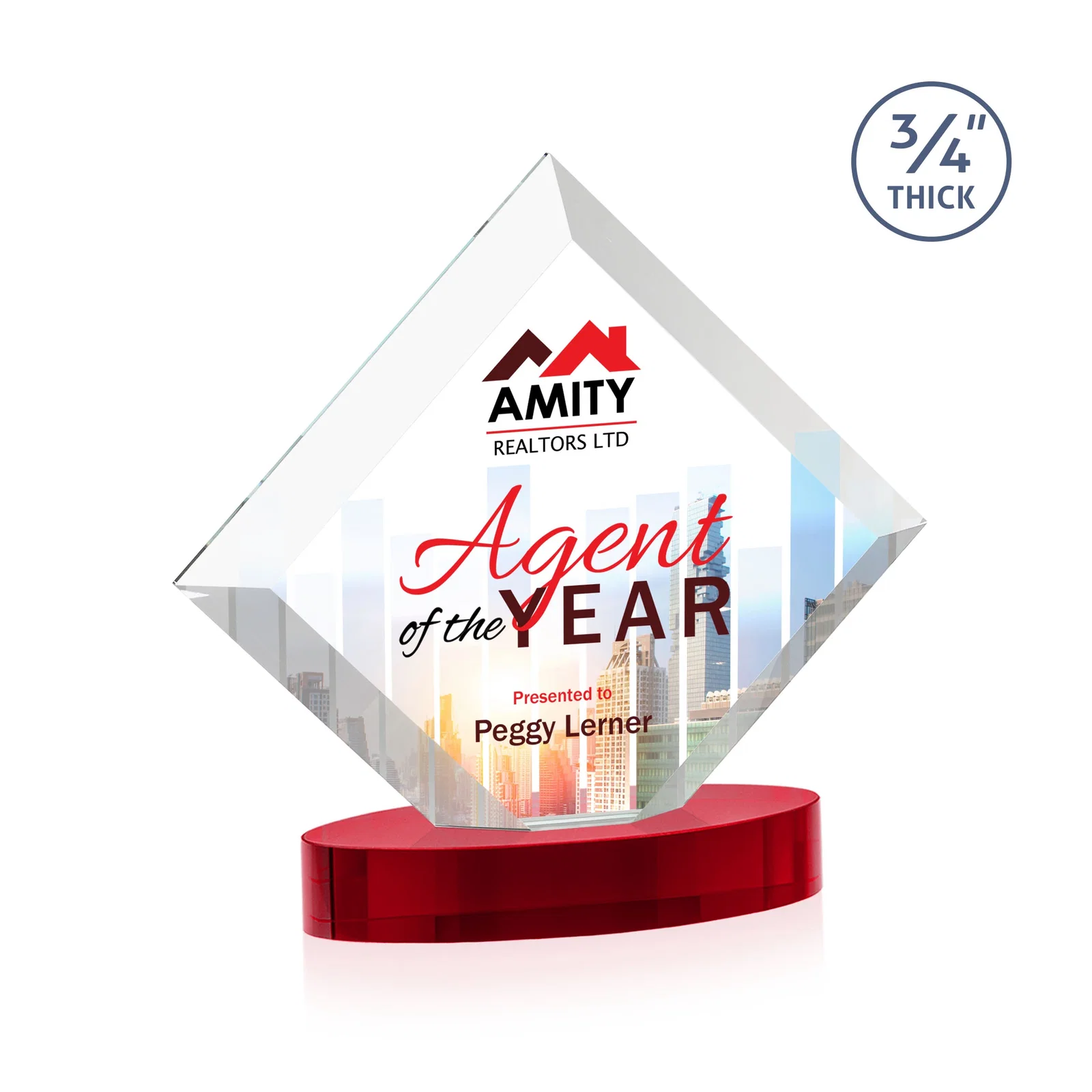 Branded Mitered-Edge Starfire Crystal Diamond Award on an Oval Base, awards for corporate award ceremonies