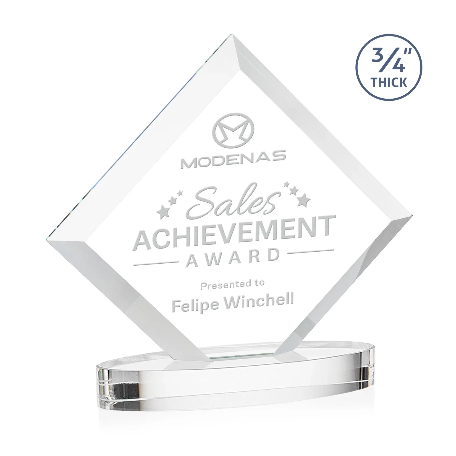 Custom Mitered-Edge Starfire Crystal Diamond Award on an Oval Base, awards for sales achievement awards