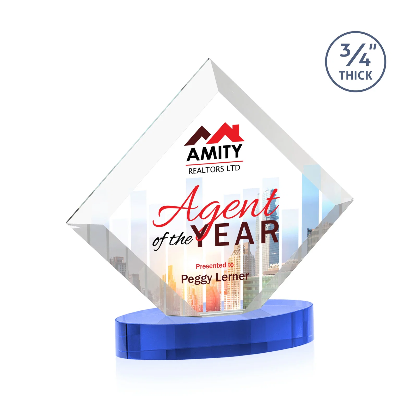 Branded Mitered-Edge Starfire Crystal Diamond Award on an Oval Base, awards for team milestone celebrations