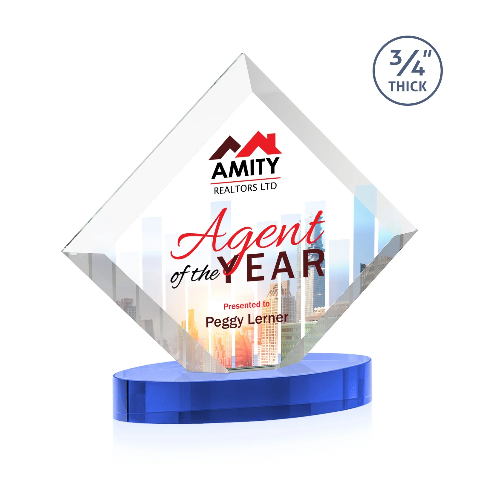 Branded Mitered-Edge Starfire Crystal Diamond Award on an Oval Base, awards for donor appreciation
