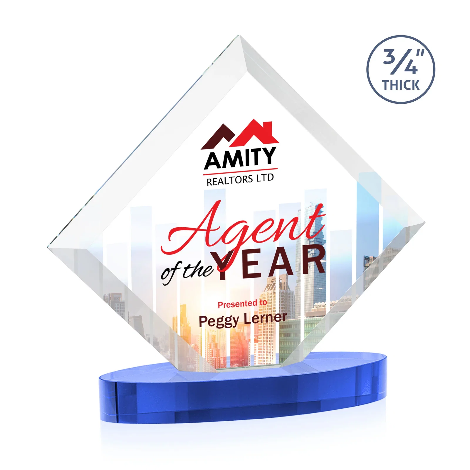 Branded Mitered-Edge Starfire Crystal Diamond Award on an Oval Base, awards for graduation ceremonies