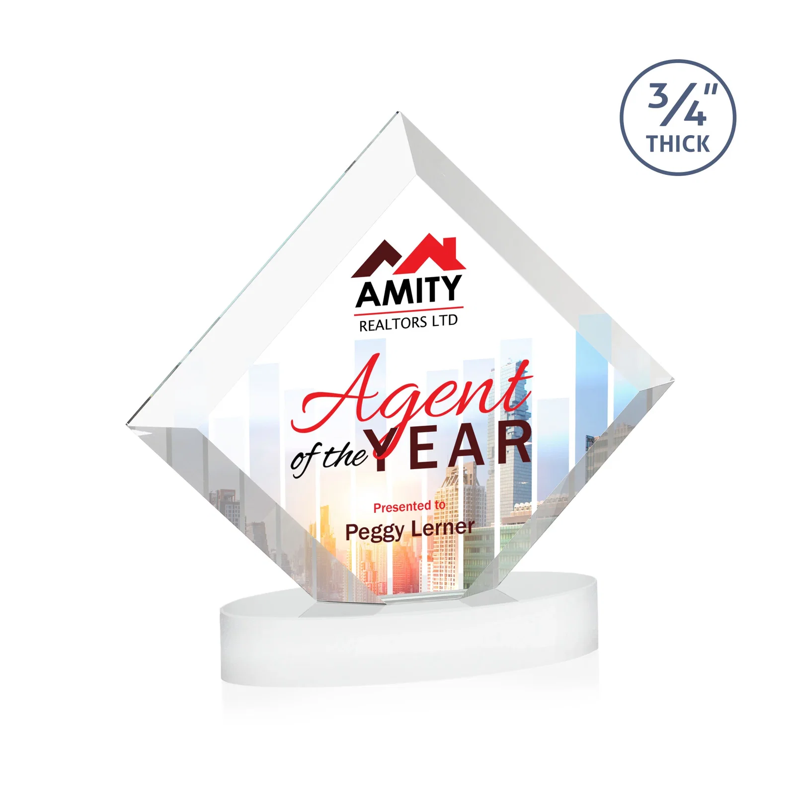 Branded Mitered-Edge Starfire Crystal Diamond Award on an Oval Base, awards for volunteer appreciation