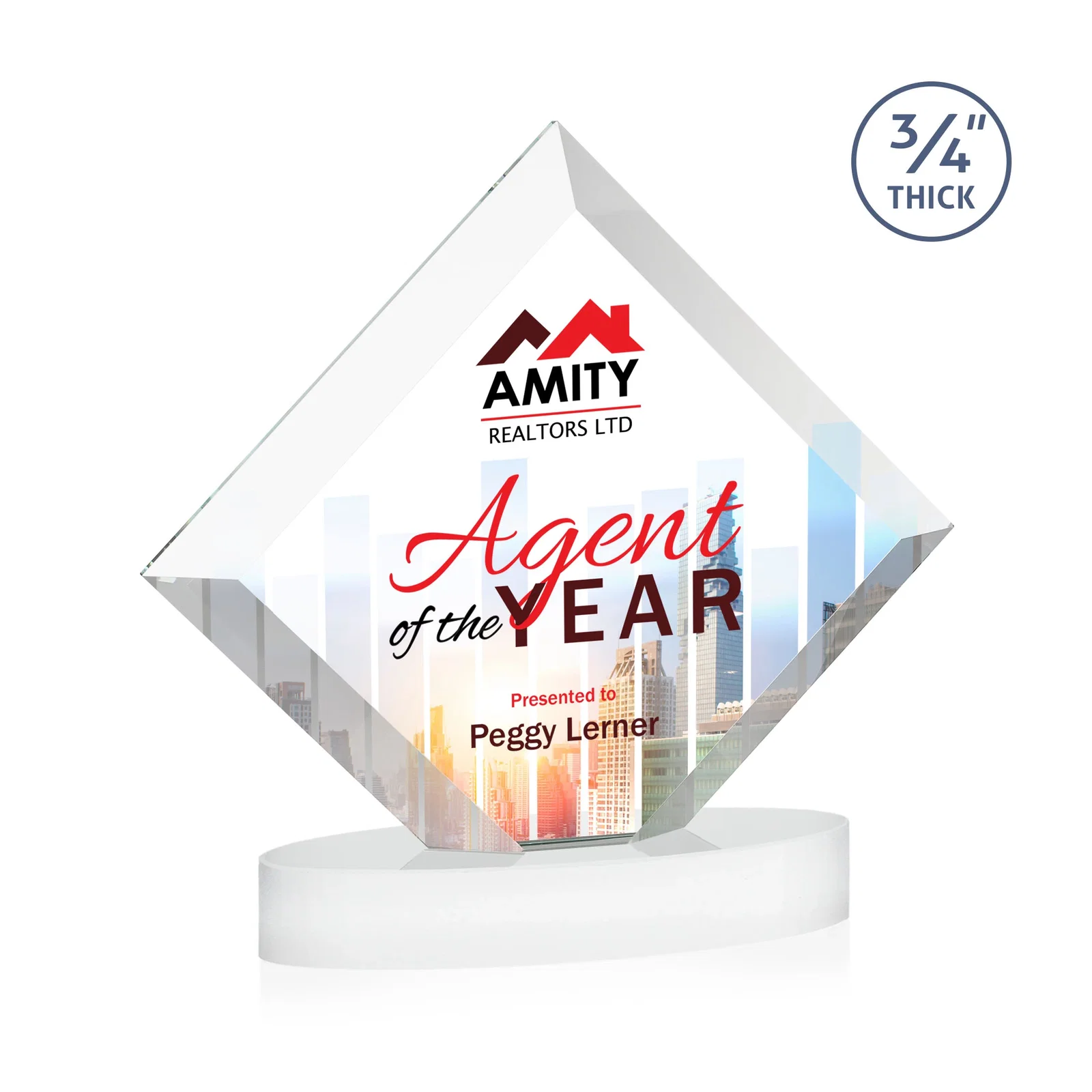 Branded Mitered-Edge Starfire Crystal Diamond Award on an Oval Base, awards for dealer and partner awards
