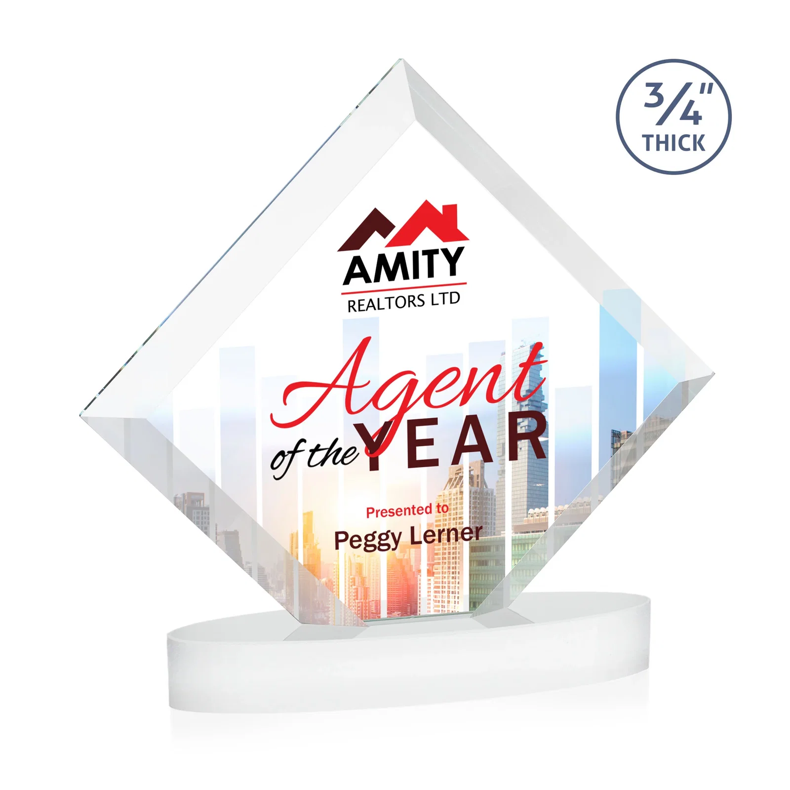 Branded Mitered-Edge Starfire Crystal Diamond Award on an Oval Base, awards for company anniversary events