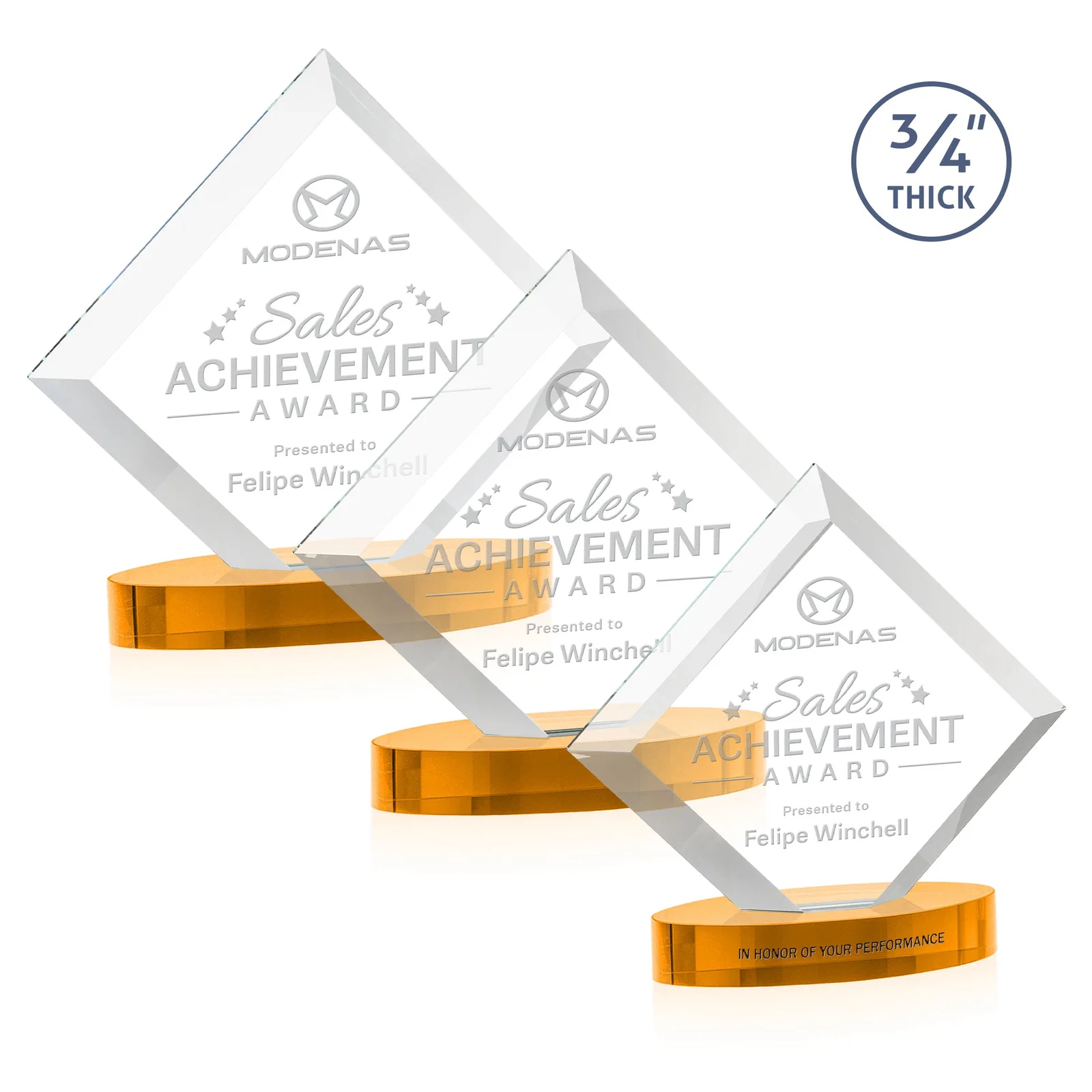 Custom printed Mitered-Edge Starfire Crystal Diamond Award on an Oval Base, awards for employee recognition