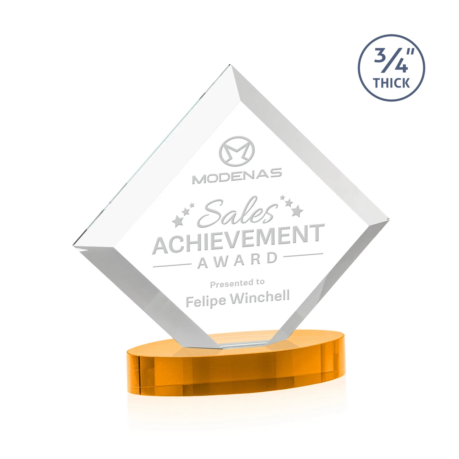 Custom printed Mitered-Edge Starfire Crystal Diamond Award on an Oval Base, awards for corporate award ceremonies