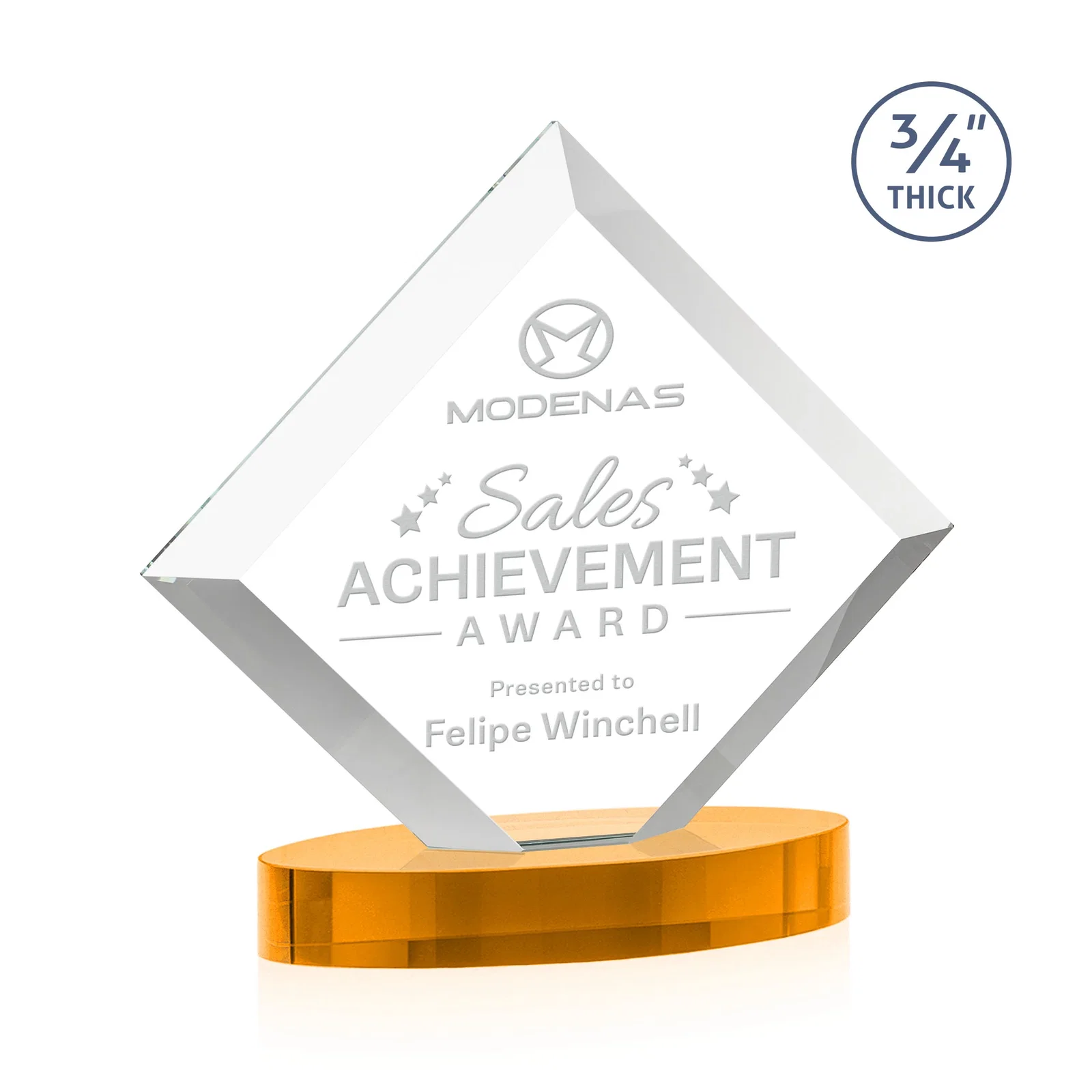 Custom printed Mitered-Edge Starfire Crystal Diamond Award on an Oval Base, awards for service anniversary gifts