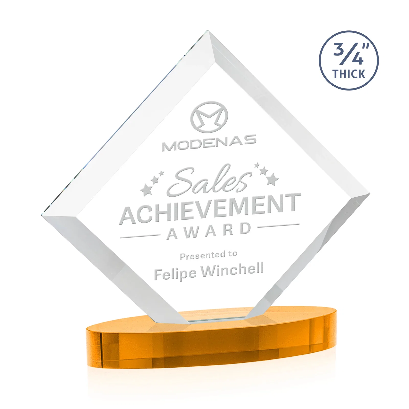 Custom printed Mitered-Edge Starfire Crystal Diamond Award on an Oval Base, awards for sales achievement awards