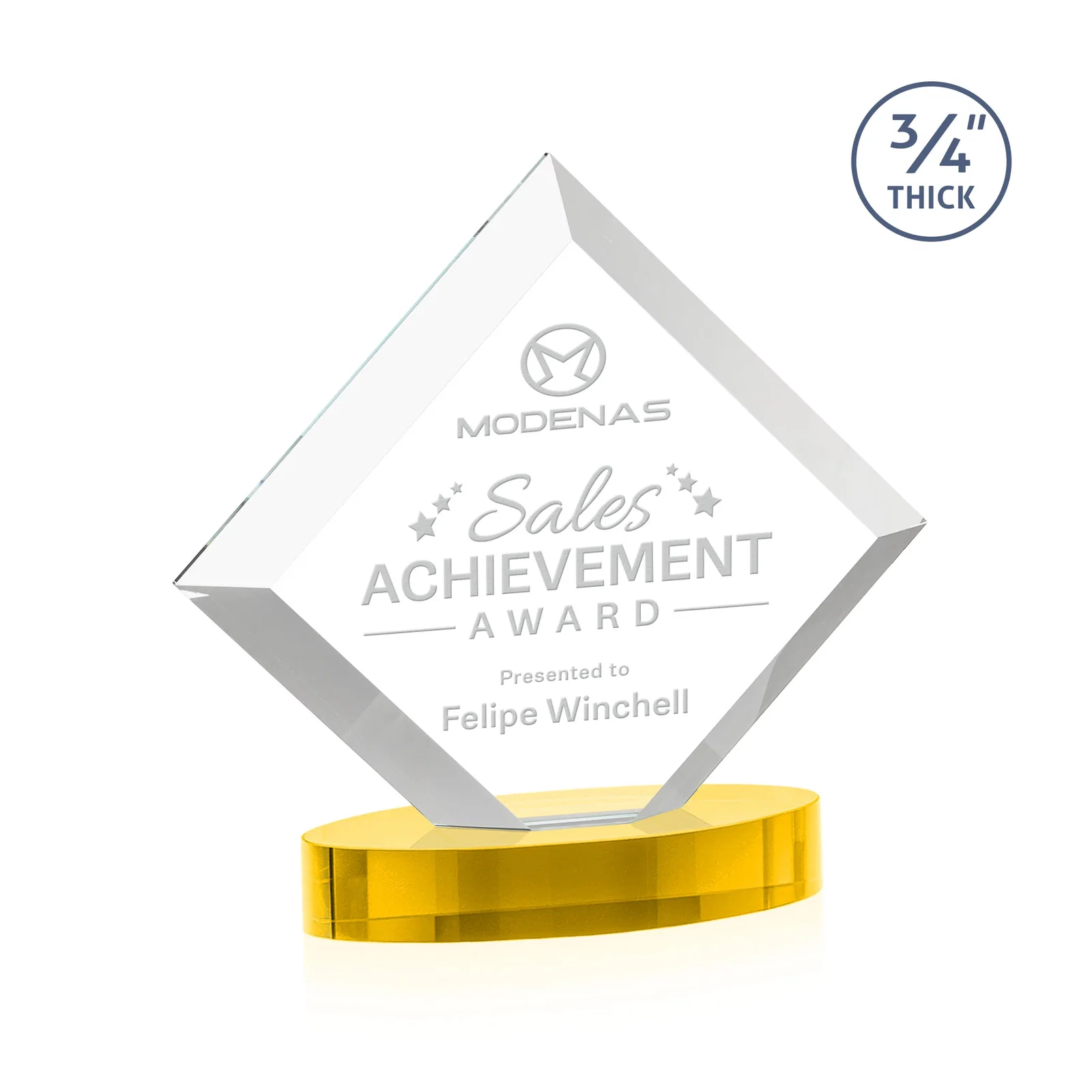 Custom printed Mitered-Edge Starfire Crystal Diamond Award on an Oval Base, awards for team milestone celebrations