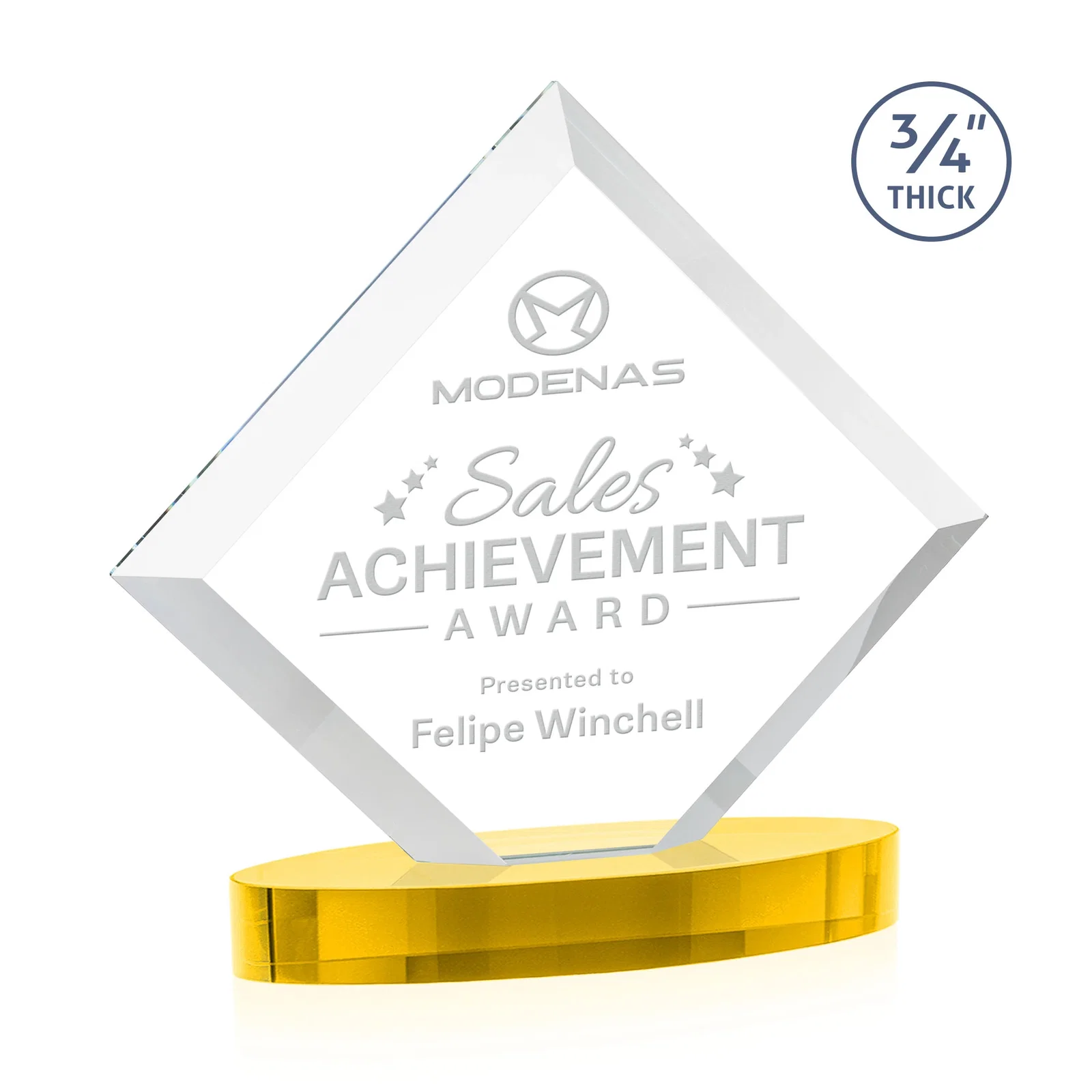 Custom printed Mitered-Edge Starfire Crystal Diamond Award on an Oval Base, awards for graduation ceremonies