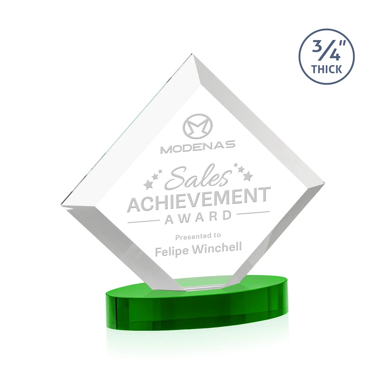 Custom printed Mitered-Edge Starfire Crystal Diamond Award on an Oval Base, awards for volunteer appreciation