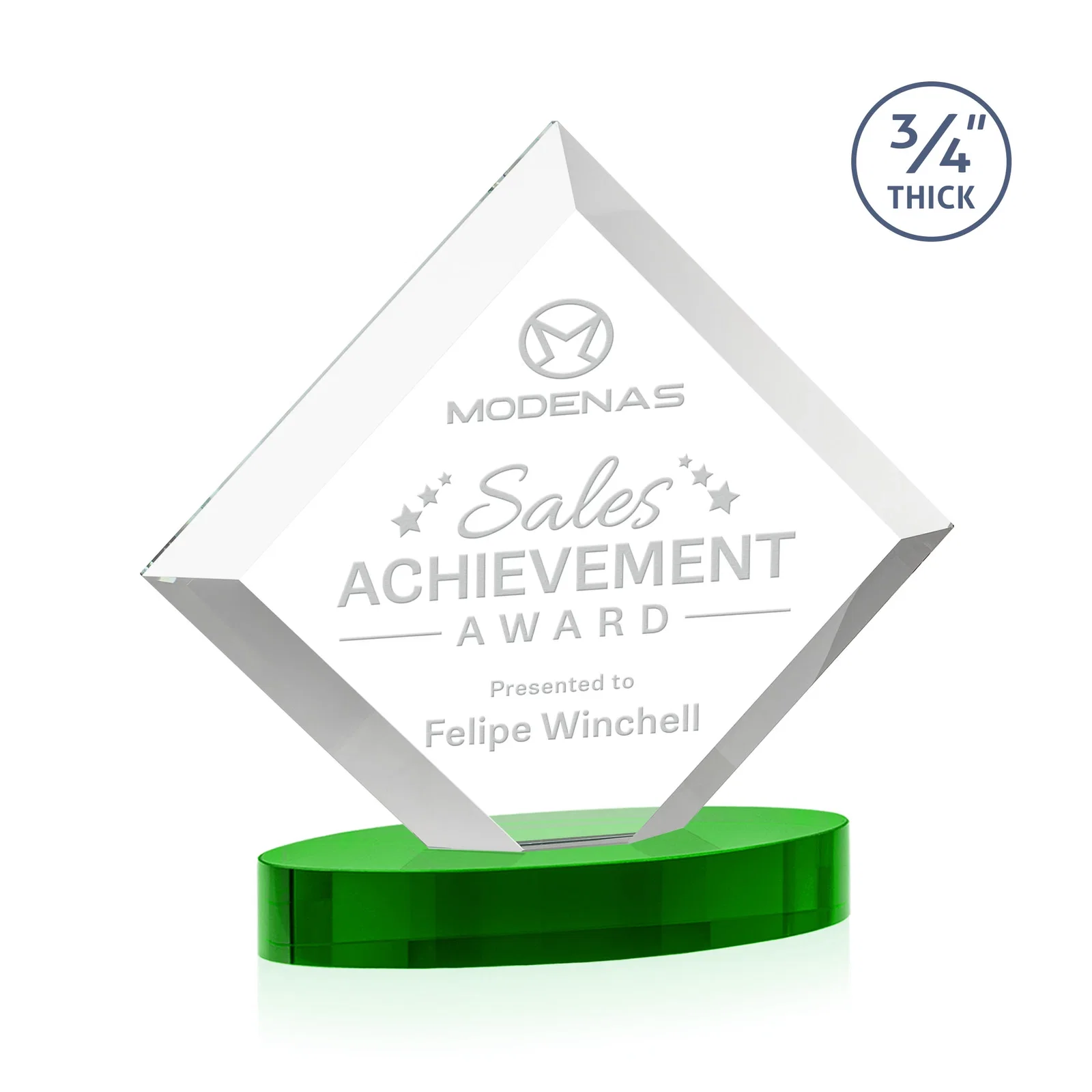 Custom printed Mitered-Edge Starfire Crystal Diamond Award on an Oval Base, awards for dealer and partner awards