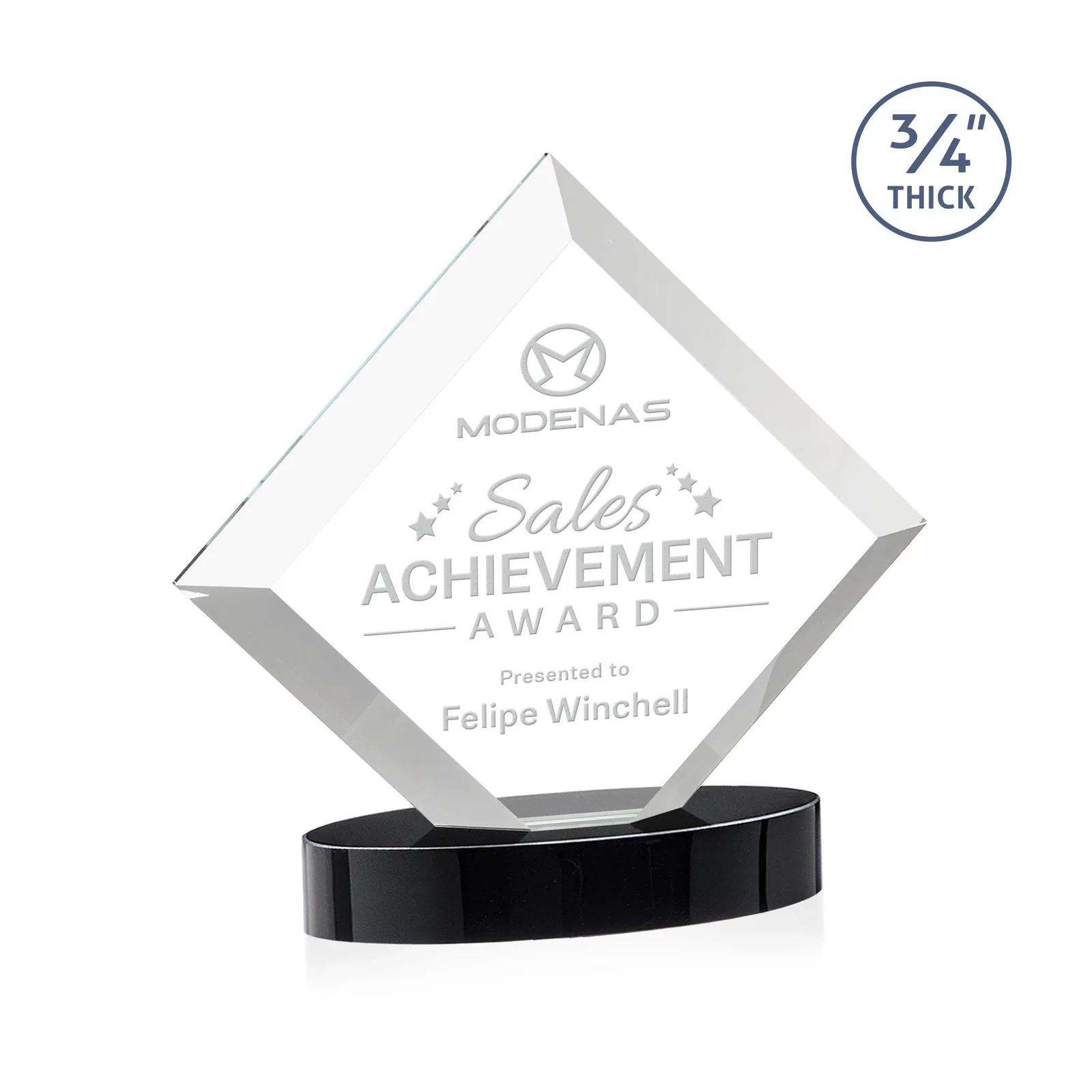 Custom Mitered-Edge Starfire Crystal Diamond Award on an Oval Base, awards for team milestone celebrations