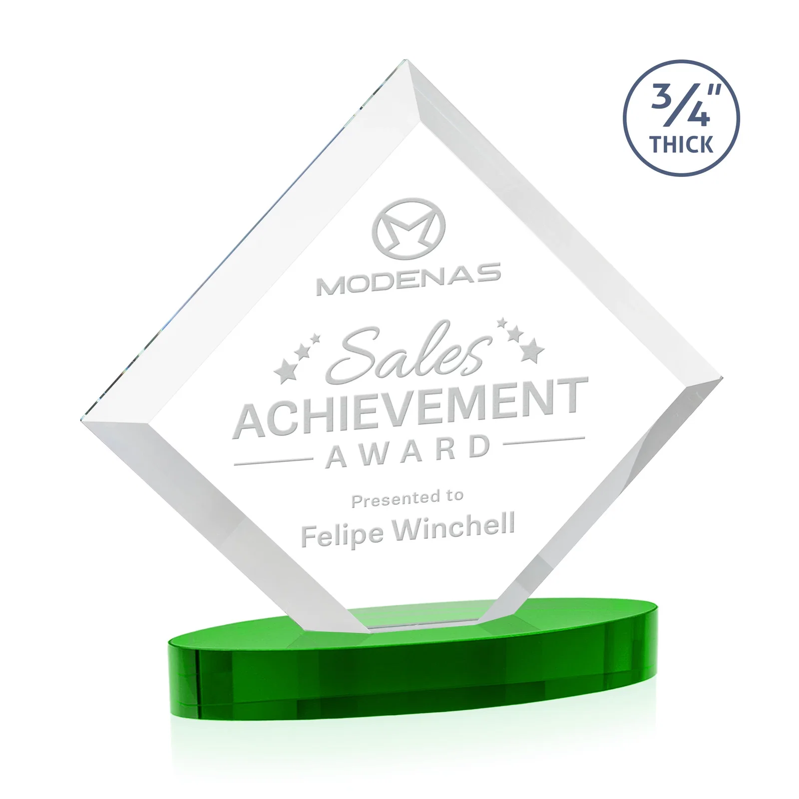 Custom printed Mitered-Edge Starfire Crystal Diamond Award on an Oval Base, awards for company anniversary events