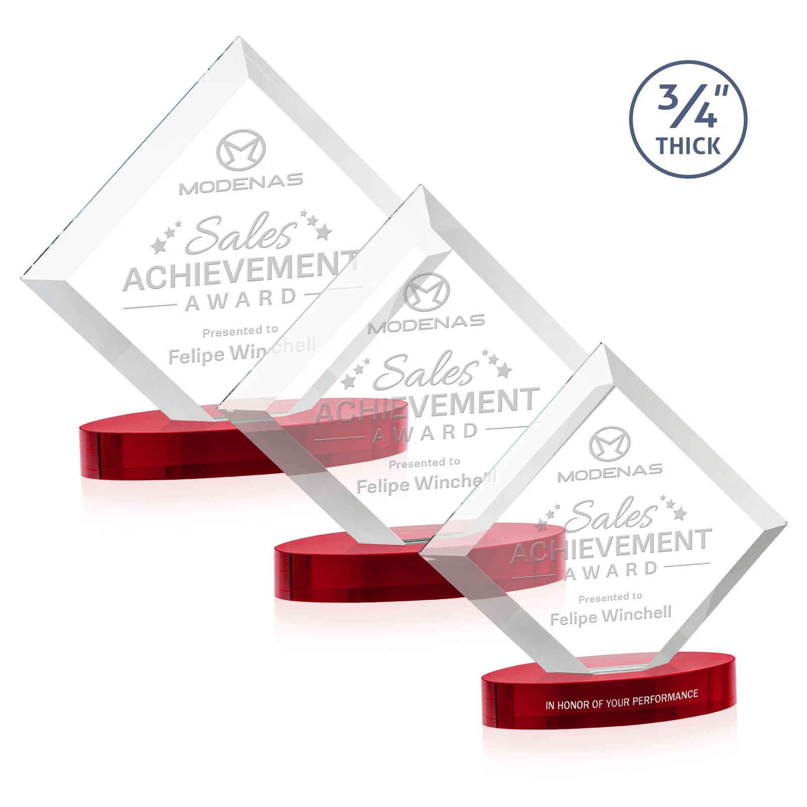 Customized Mitered-Edge Starfire Crystal Diamond Award on an Oval Base, awards for employee recognition