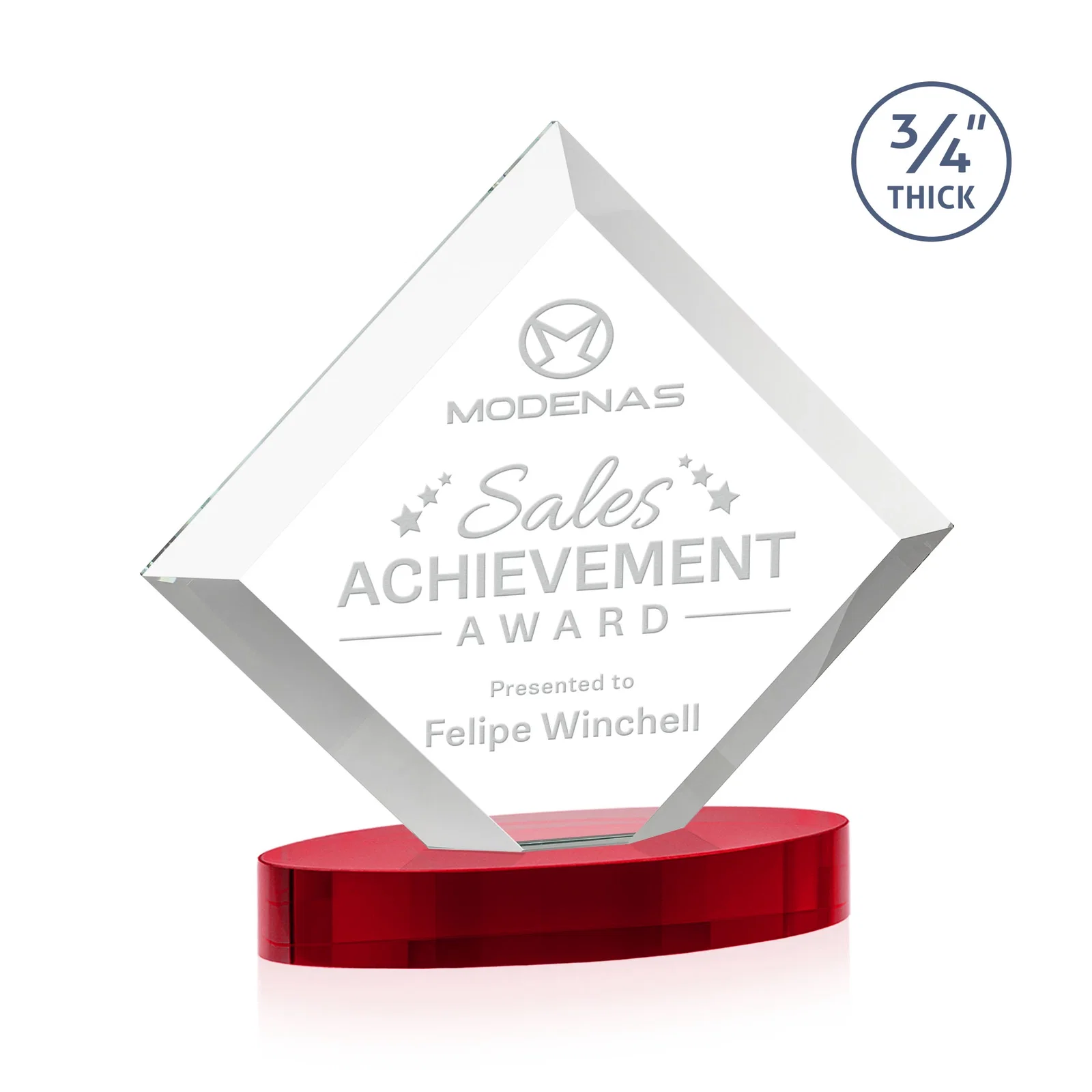 Customized Mitered-Edge Starfire Crystal Diamond Award on an Oval Base, awards for service anniversary gifts