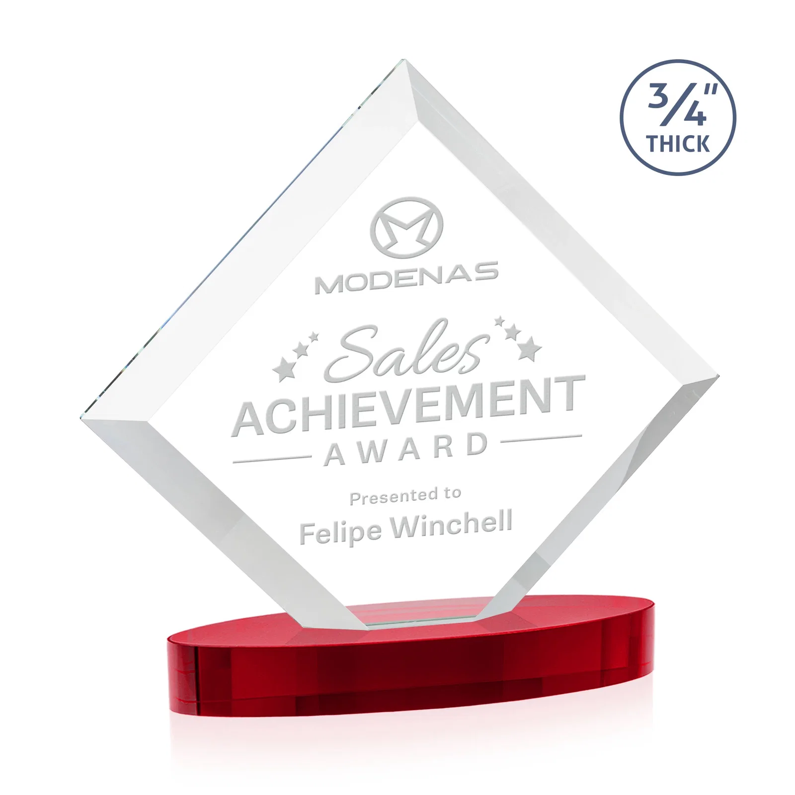 Customized Mitered-Edge Starfire Crystal Diamond Award on an Oval Base, awards for sales achievement awards